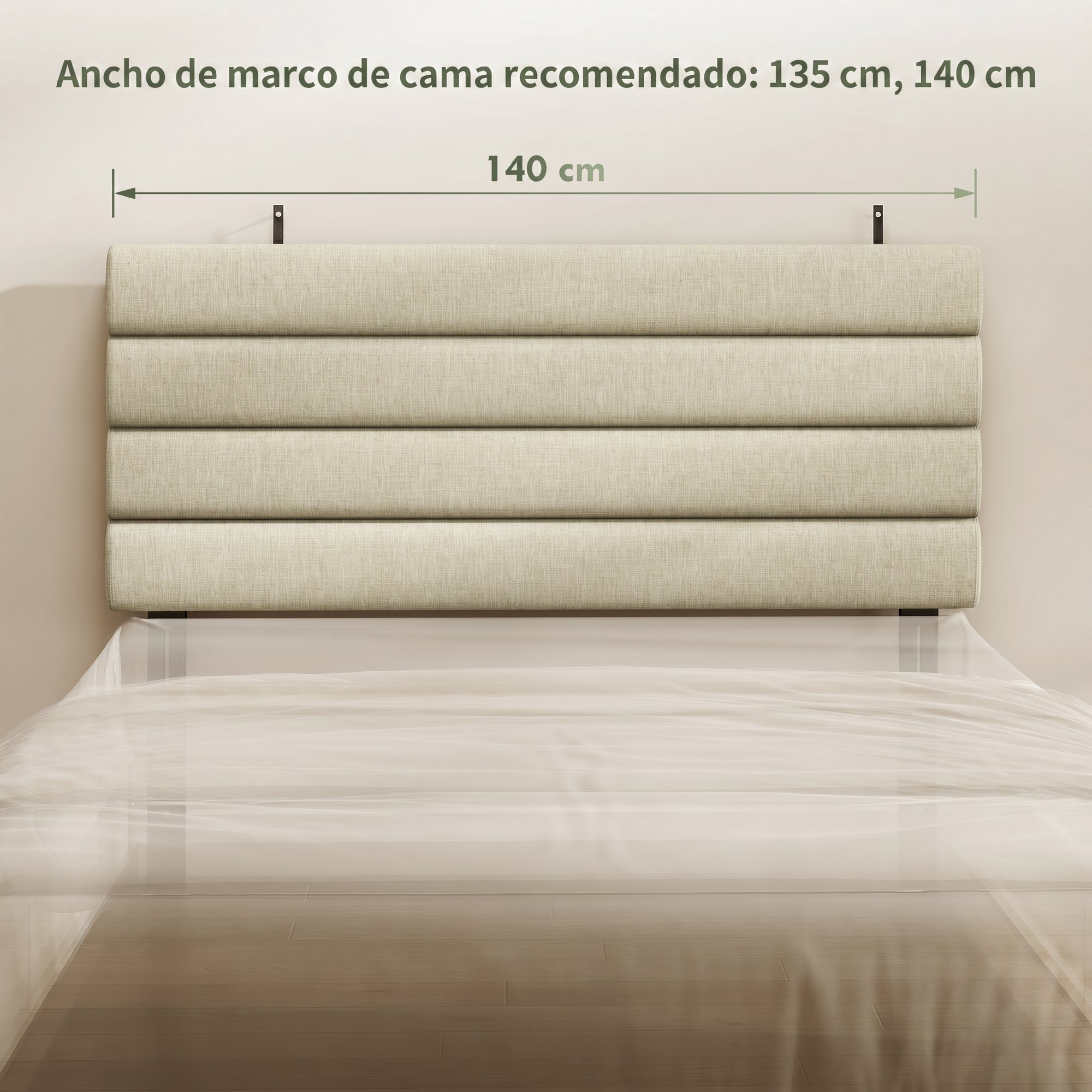 Cabecero tapizado beige claro con canales horizontales, 140 cm.