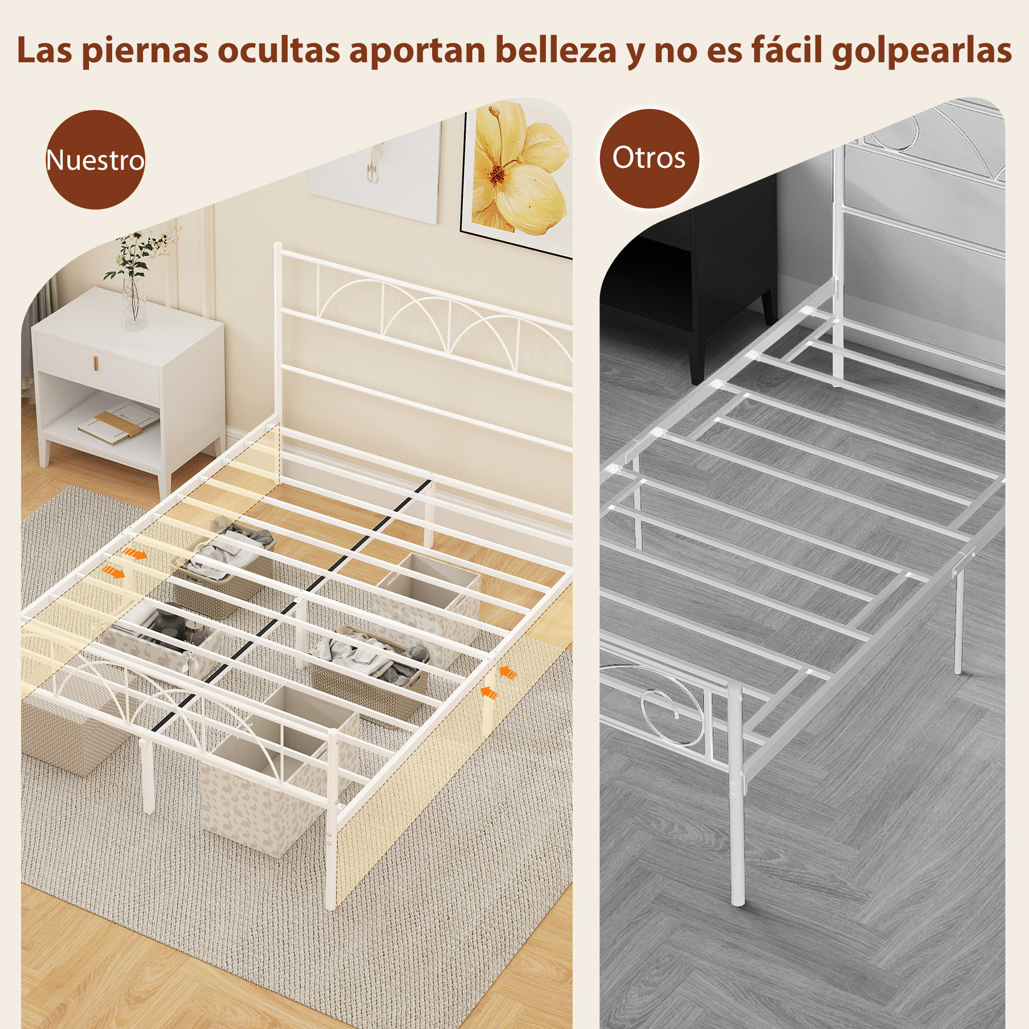 Estructura de cama de metal blanca con almacenamiento debajo de la cama y detalles decorativos.
