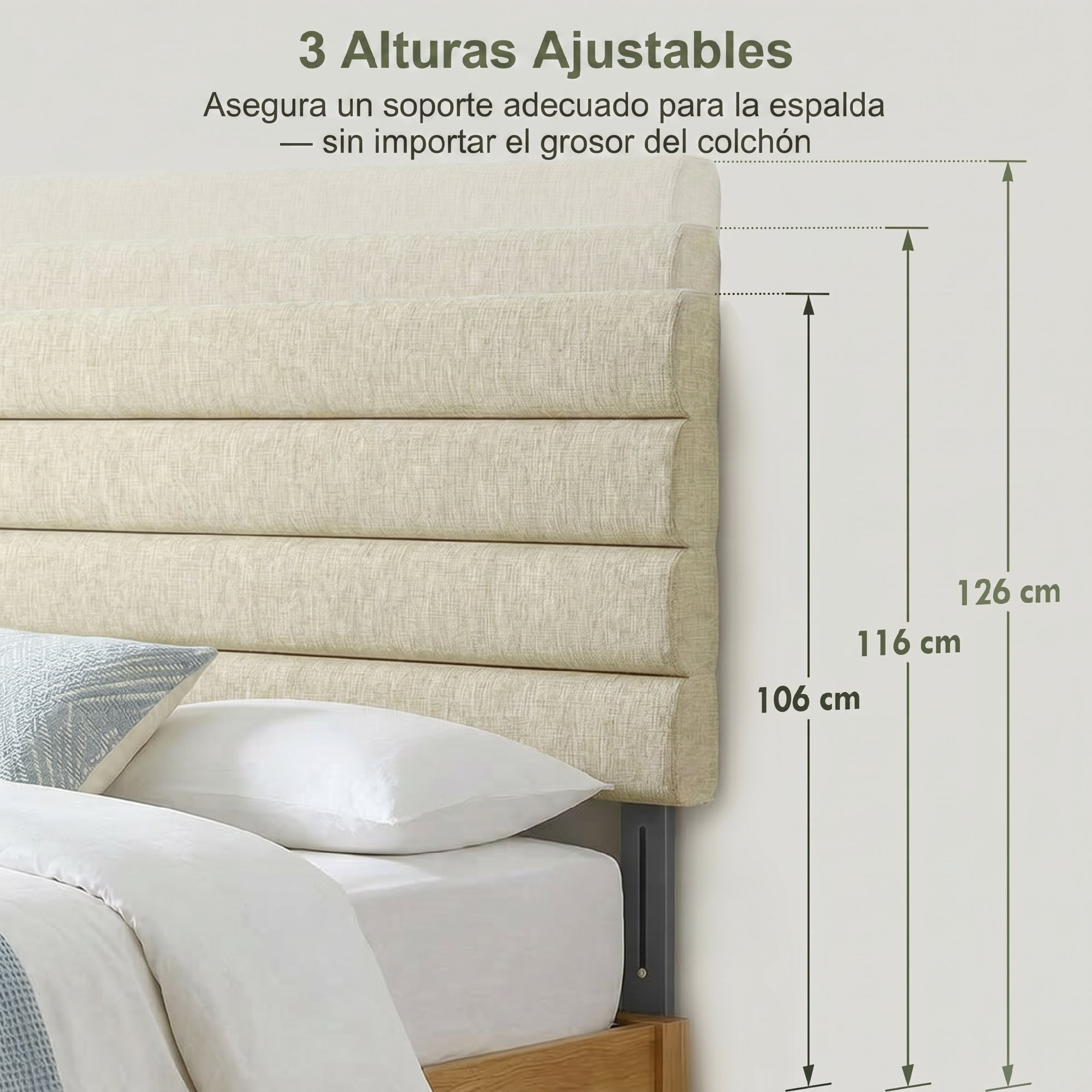 Cabecero tapizado beige con 3 alturas ajustables: 106, 116, 126 cm.