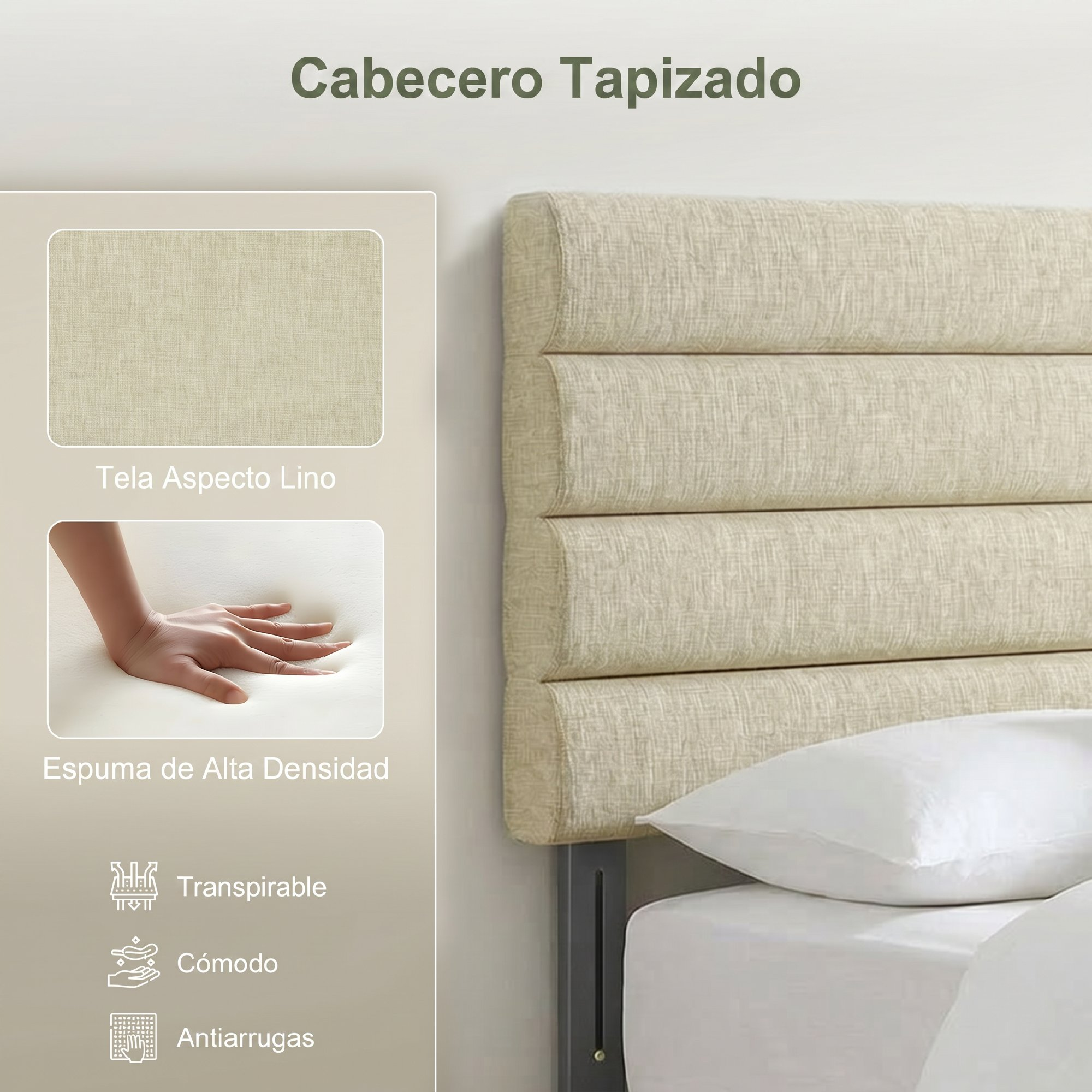 Un cabecero tapizado con ranuras horizontales, junto a muestras de tela y espuma.