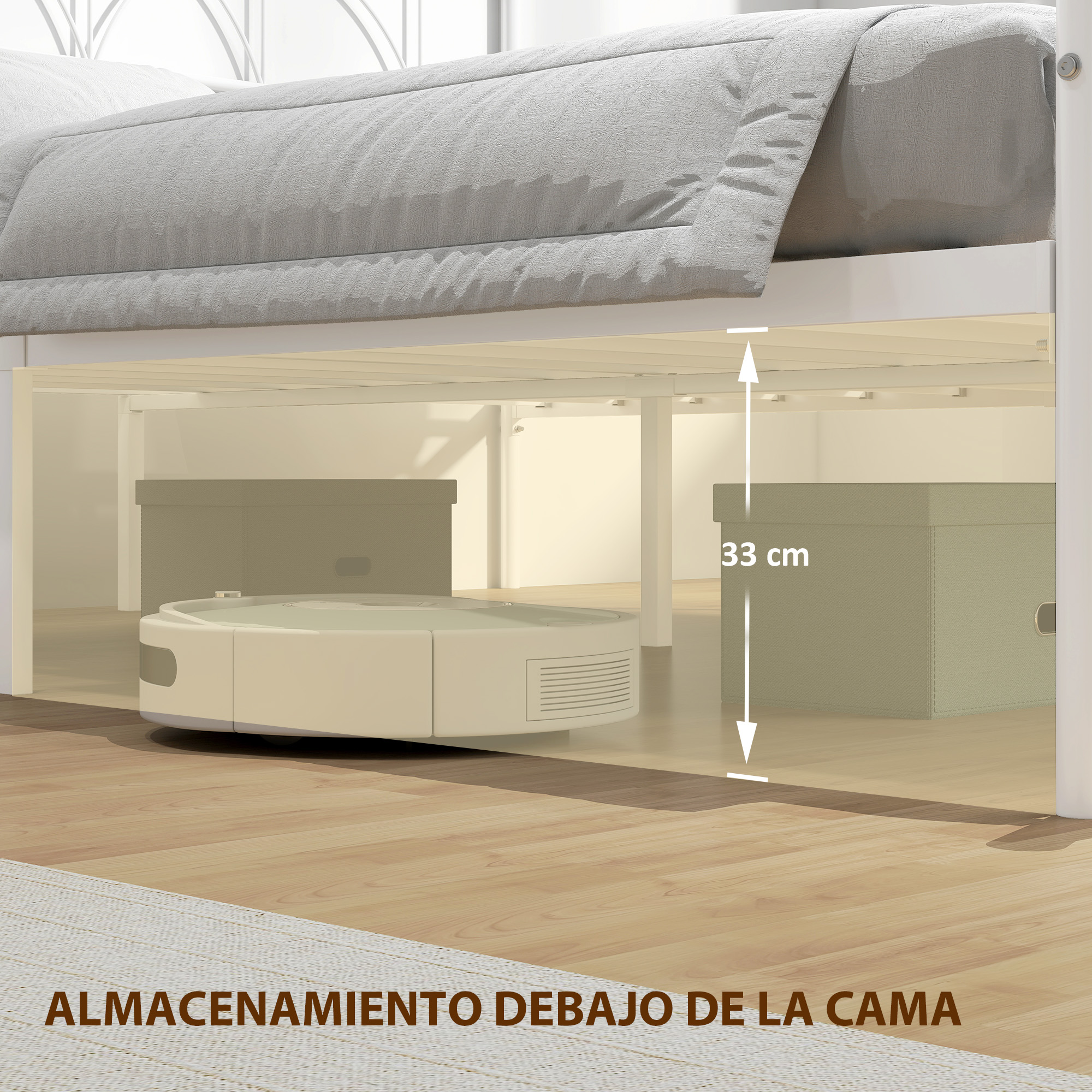 Un robot aspirador y cajas de almacenamiento debajo de una cama con 33 cm de espacio.