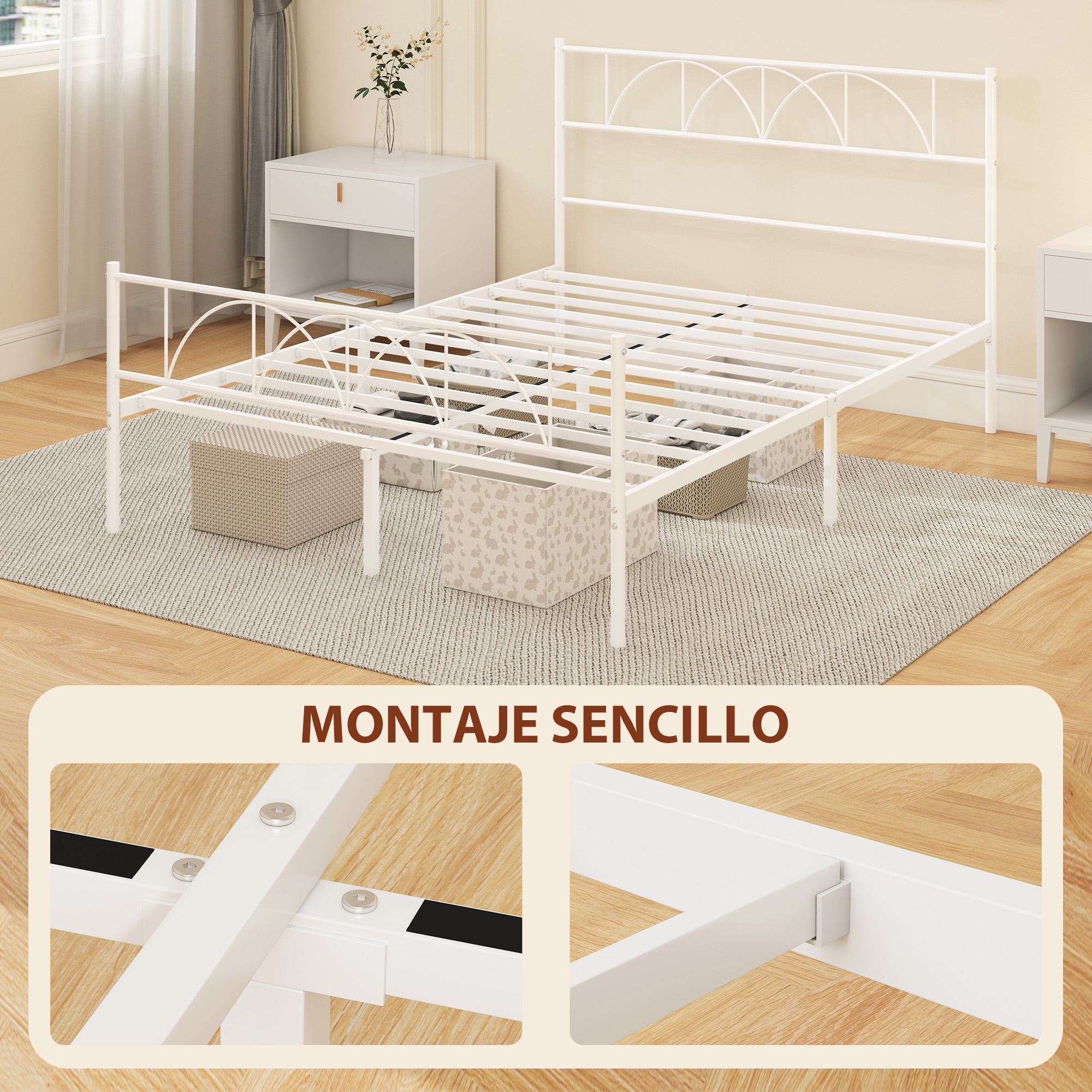 Un somier de metal blanco con cabecero, sobre una alfombra en un dormitorio.