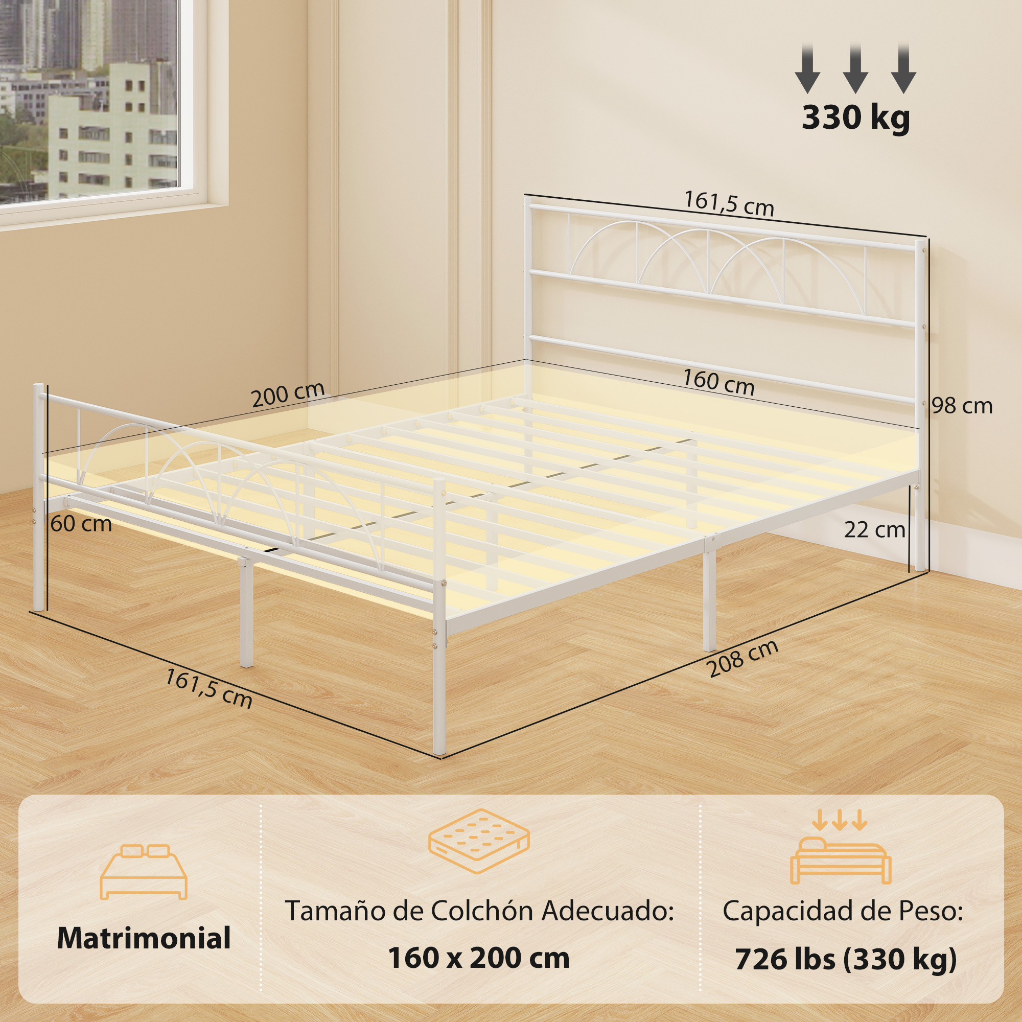 Un somier de metal blanco con dimensiones y capacidad de 330 kg.