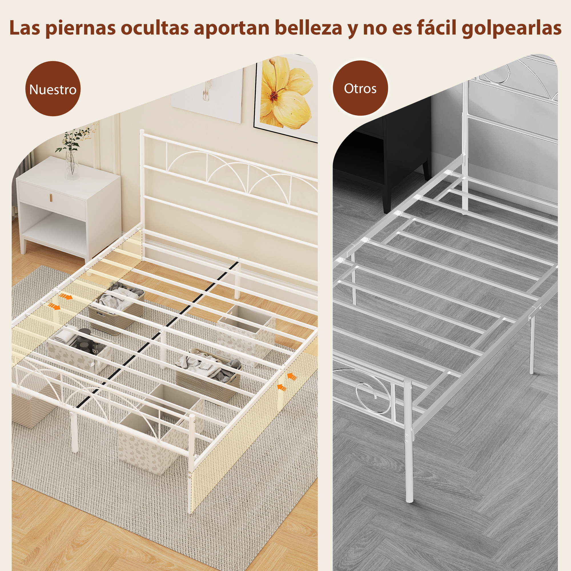 Un marco de cama de metal blanco con listones visibles y cestas de almacenamiento debajo.