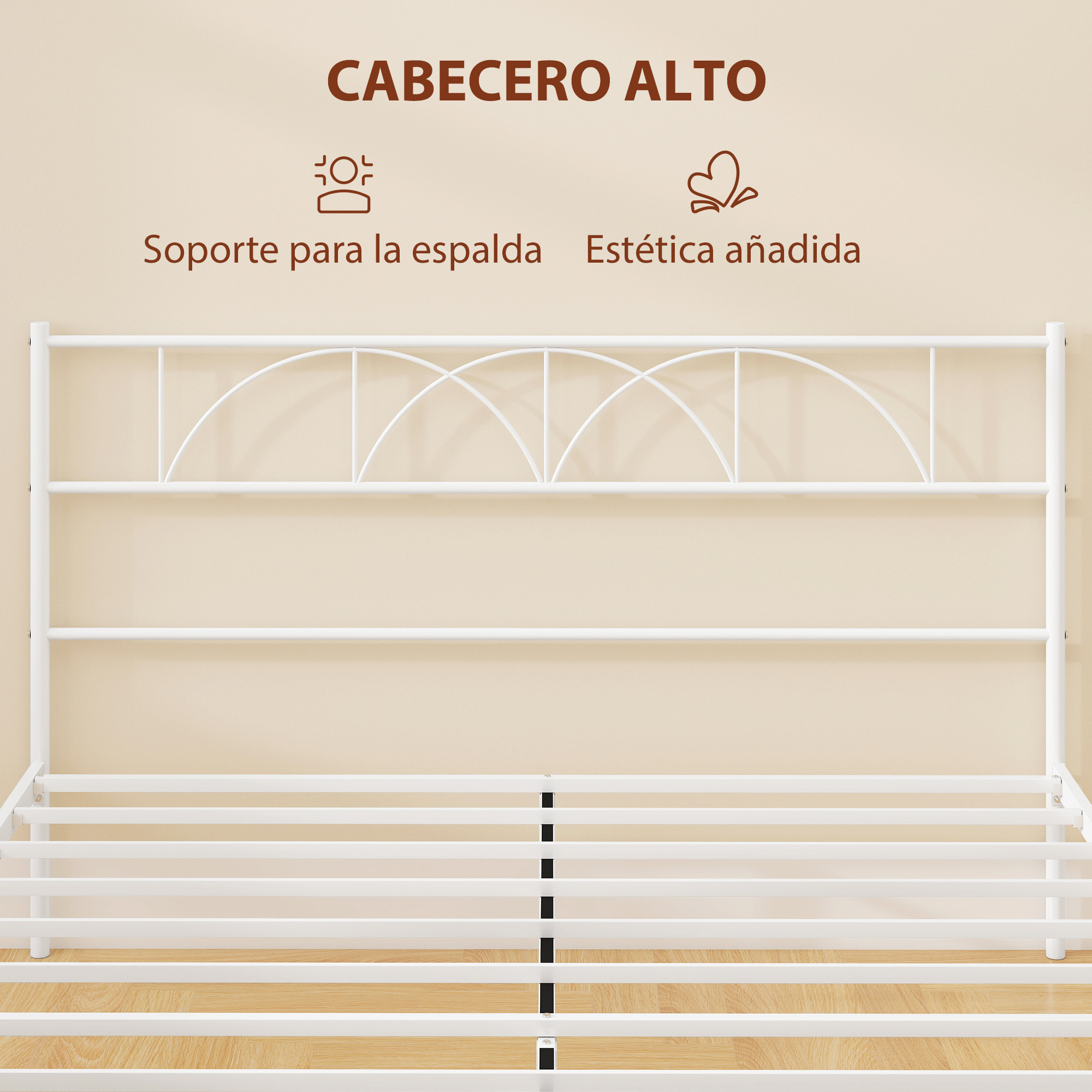 Marco de cama de metal blanco con parte superior curva y listones horizontales.