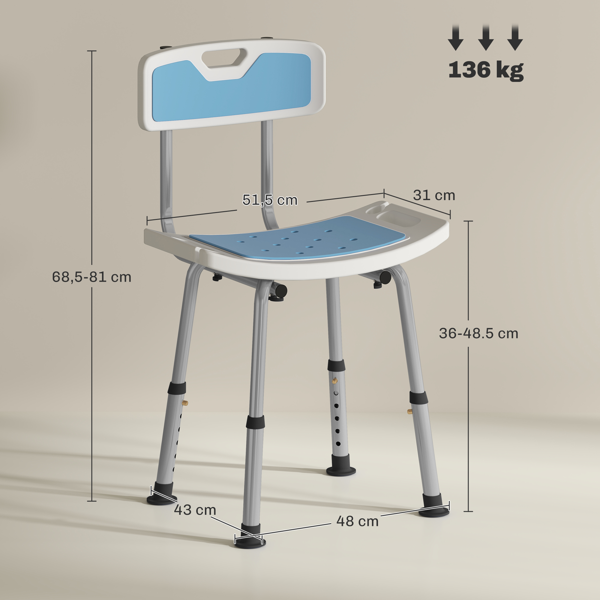 Una silla de ducha blanca con asiento y respaldo azules, se muestran las dimensiones.