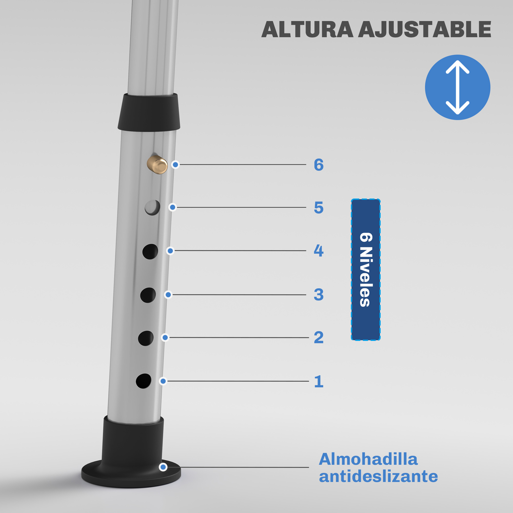 Altura ajustable con 6 niveles y base antideslizante.