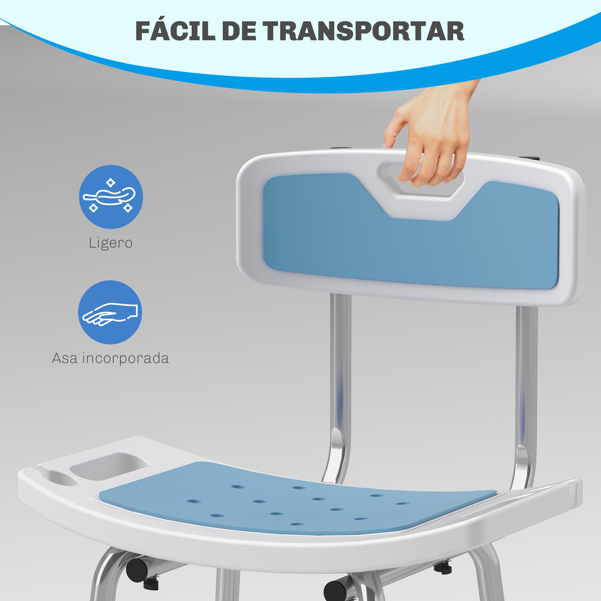 Silla de ducha blanca con asiento y respaldo azules, sujeta por una mano.