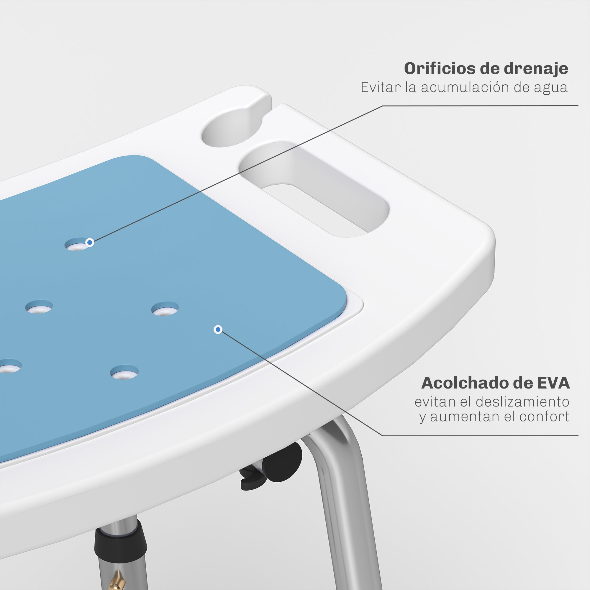 Taburete de ducha con asiento azul y orificios de drenaje.