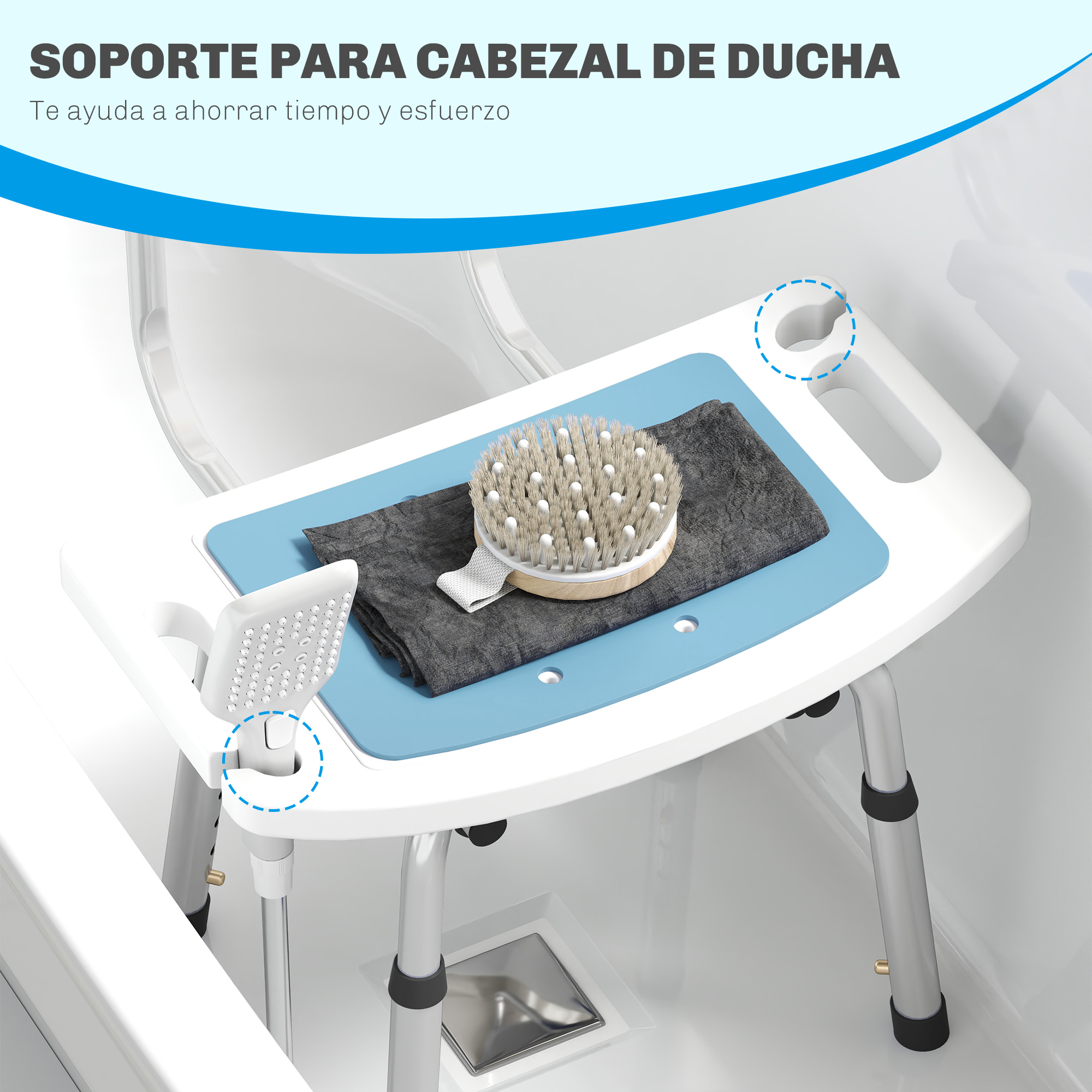 Taburete de ducha con soporte para alcachofa, cepillo y toalla en una ducha.