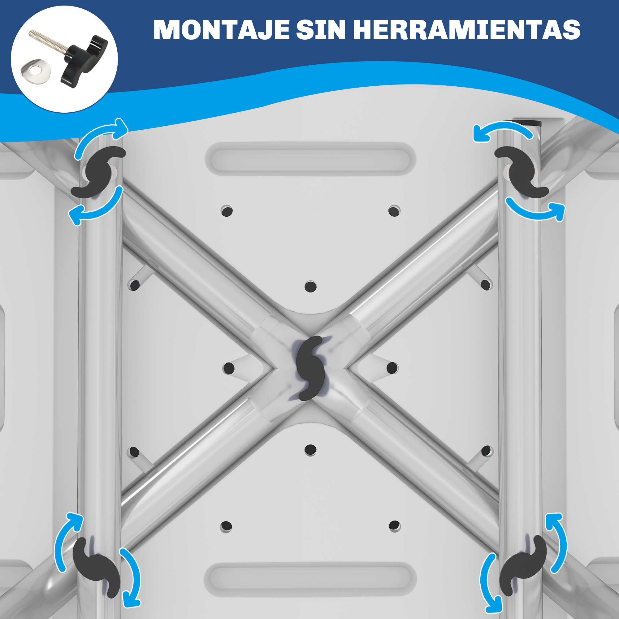 Primer plano de una superficie blanca con soportes metálicos y cierres negros.