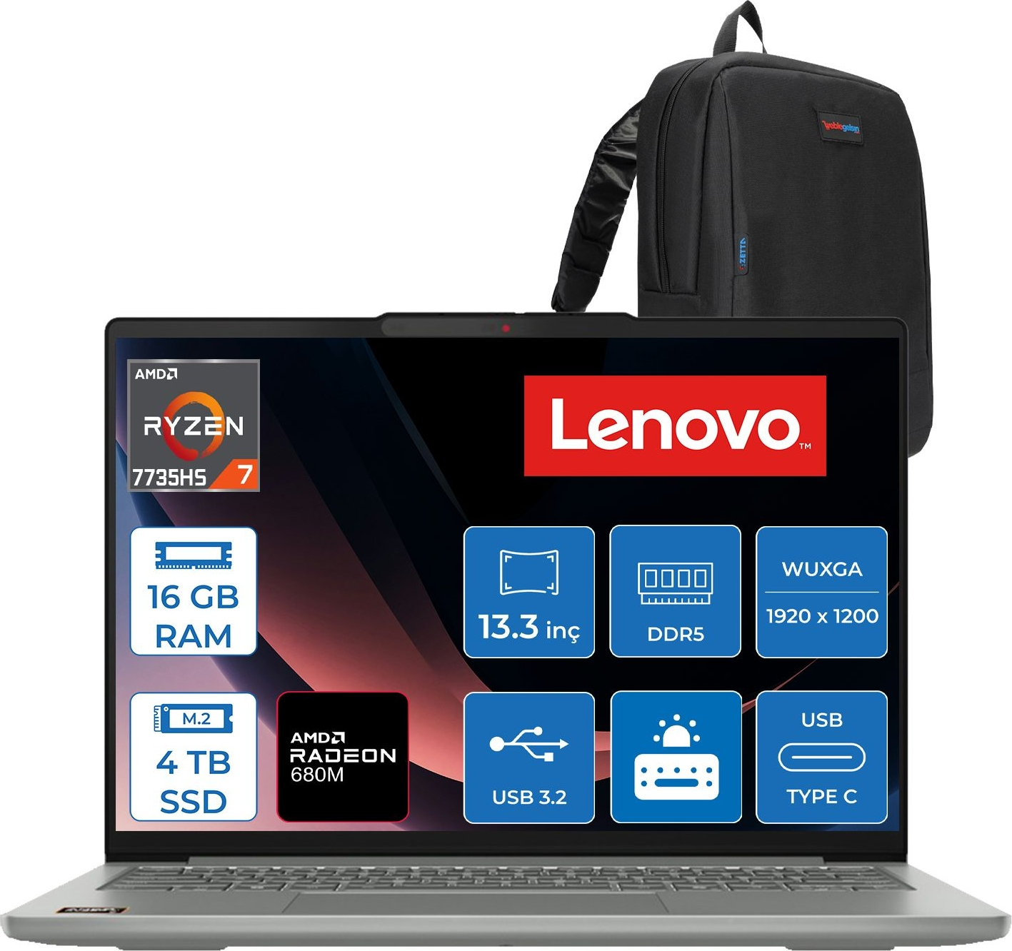 LENOVO Ideapad Slim 5 Radeon 680M 83J2004STRF15 AMD Ryzen 7-7735Hs 16 GB RAM 4 TB SSD 13,3 inç FreeDOS Laptop Siyah