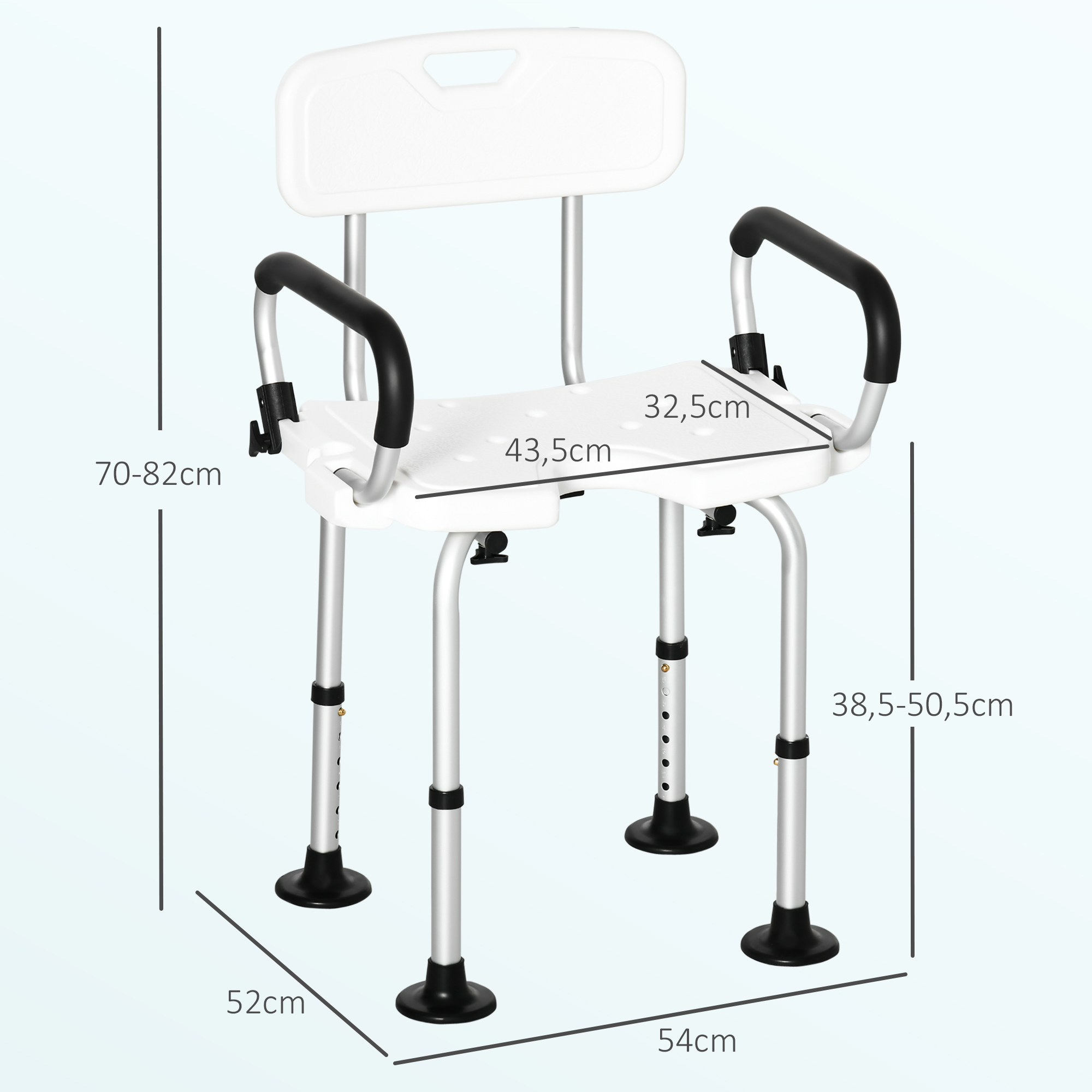 Silla de ducha blanca con respaldo y reposabrazos, patas ajustables.
