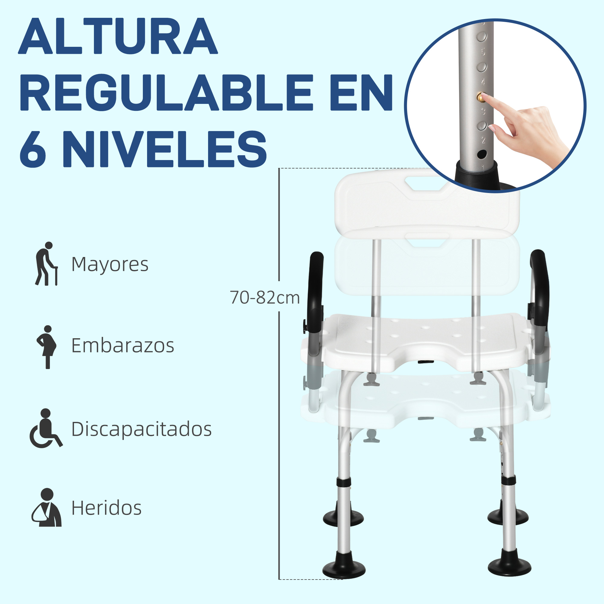 Silla de ducha ajustable de 6 niveles de altura, 70-82cm