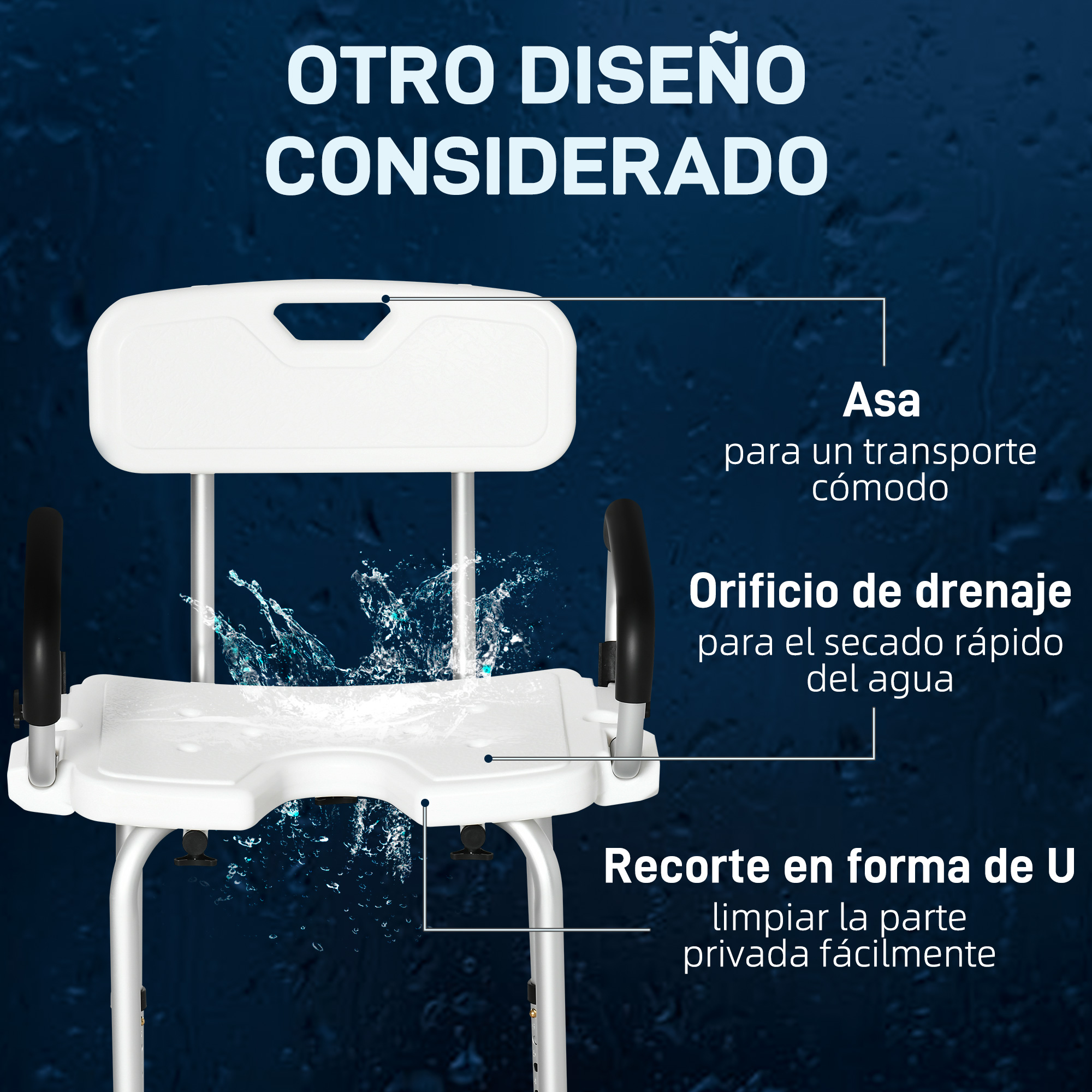 Silla de ducha blanca con asas y corte en U, con salpicaduras de agua.