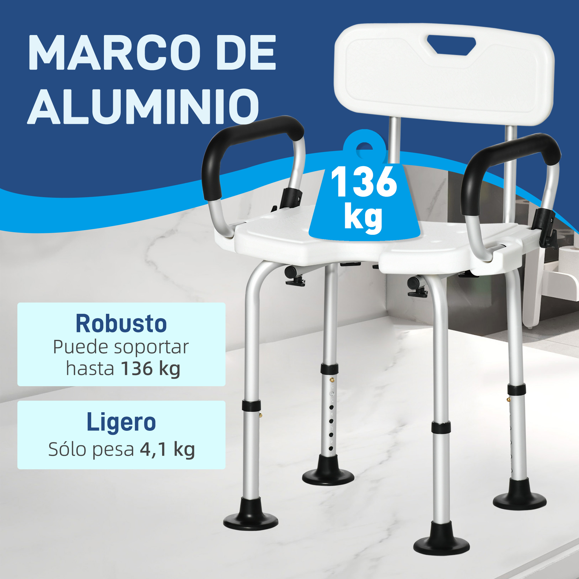 Silla de ducha de aluminio con reposabrazos y respaldo, soporta 136 kg.