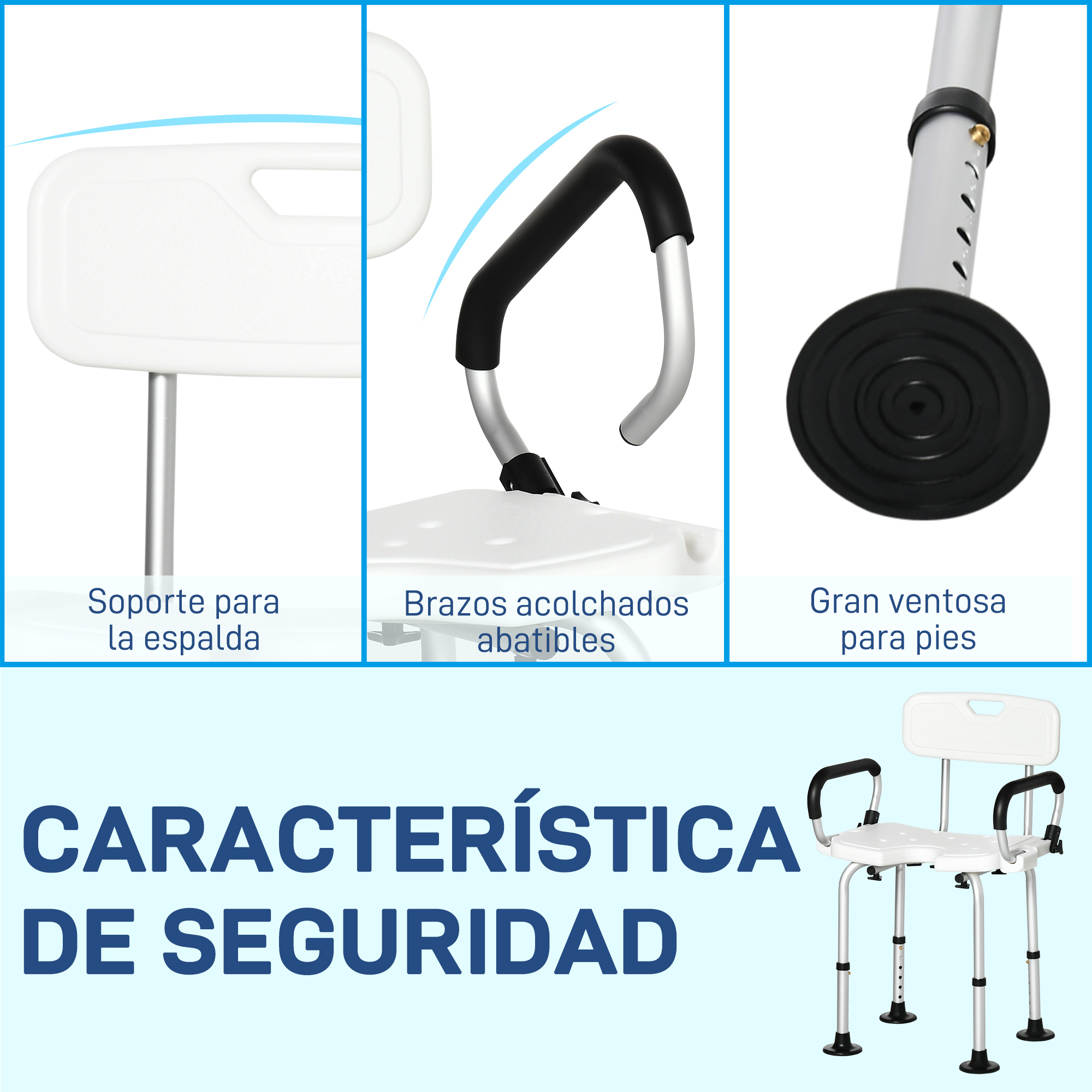 Una silla de ducha blanca con patas ajustables, reposabrazos y respaldo acolchados.