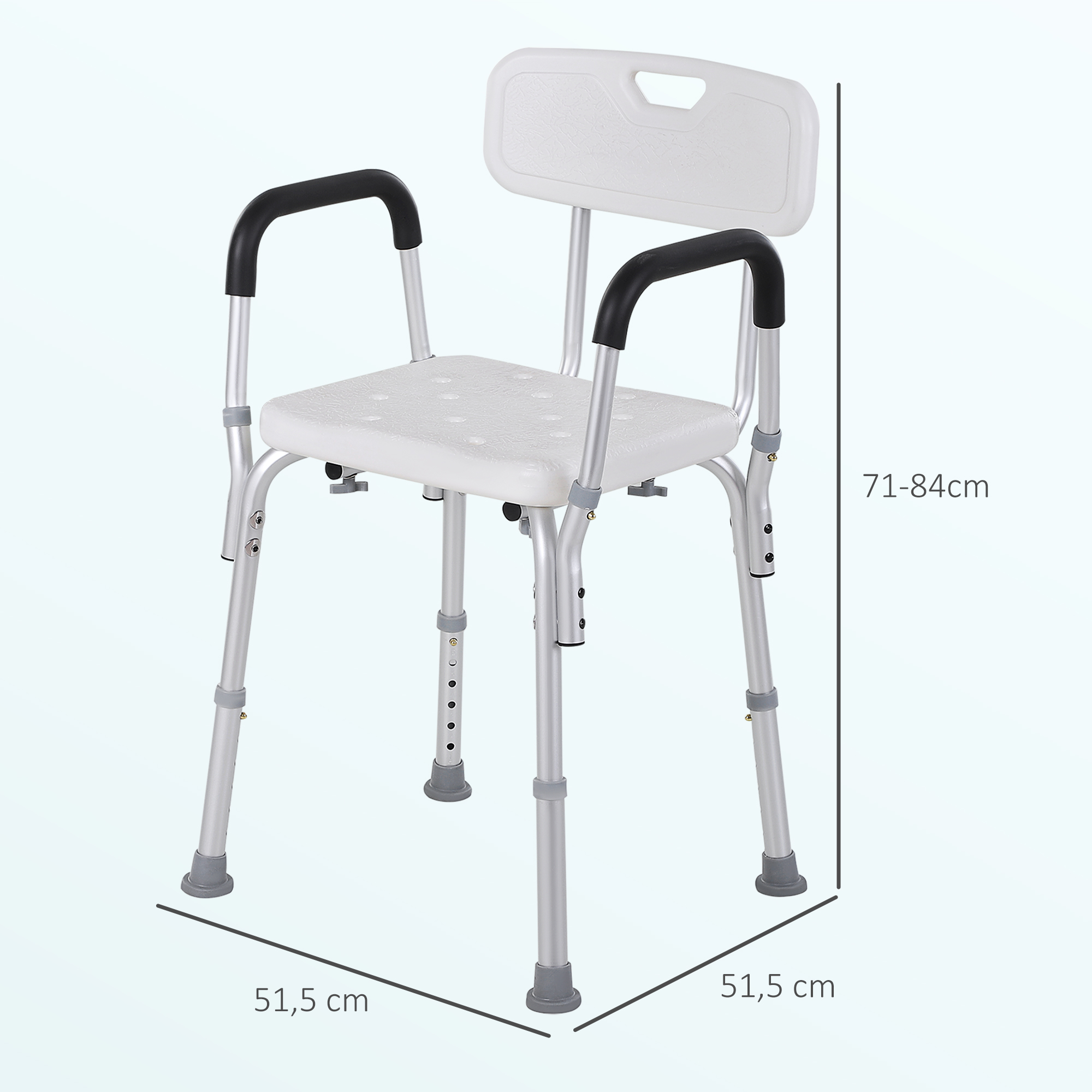 Silla de ducha blanca con reposabrazos y patas ajustables, altura 71-84cm.