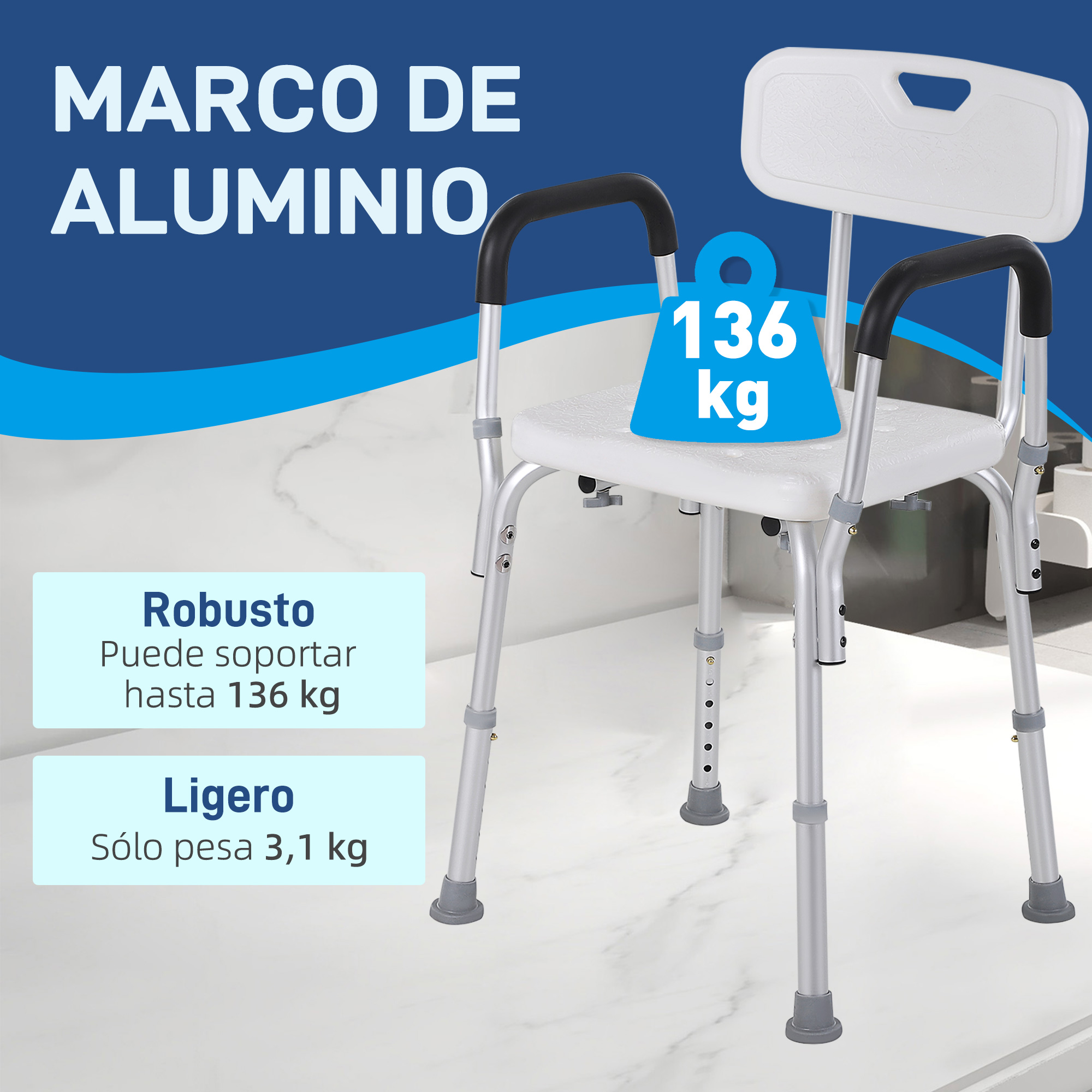 Silla de ducha de aluminio ligera con reposabrazos y respaldo, capacidad 136 kg.