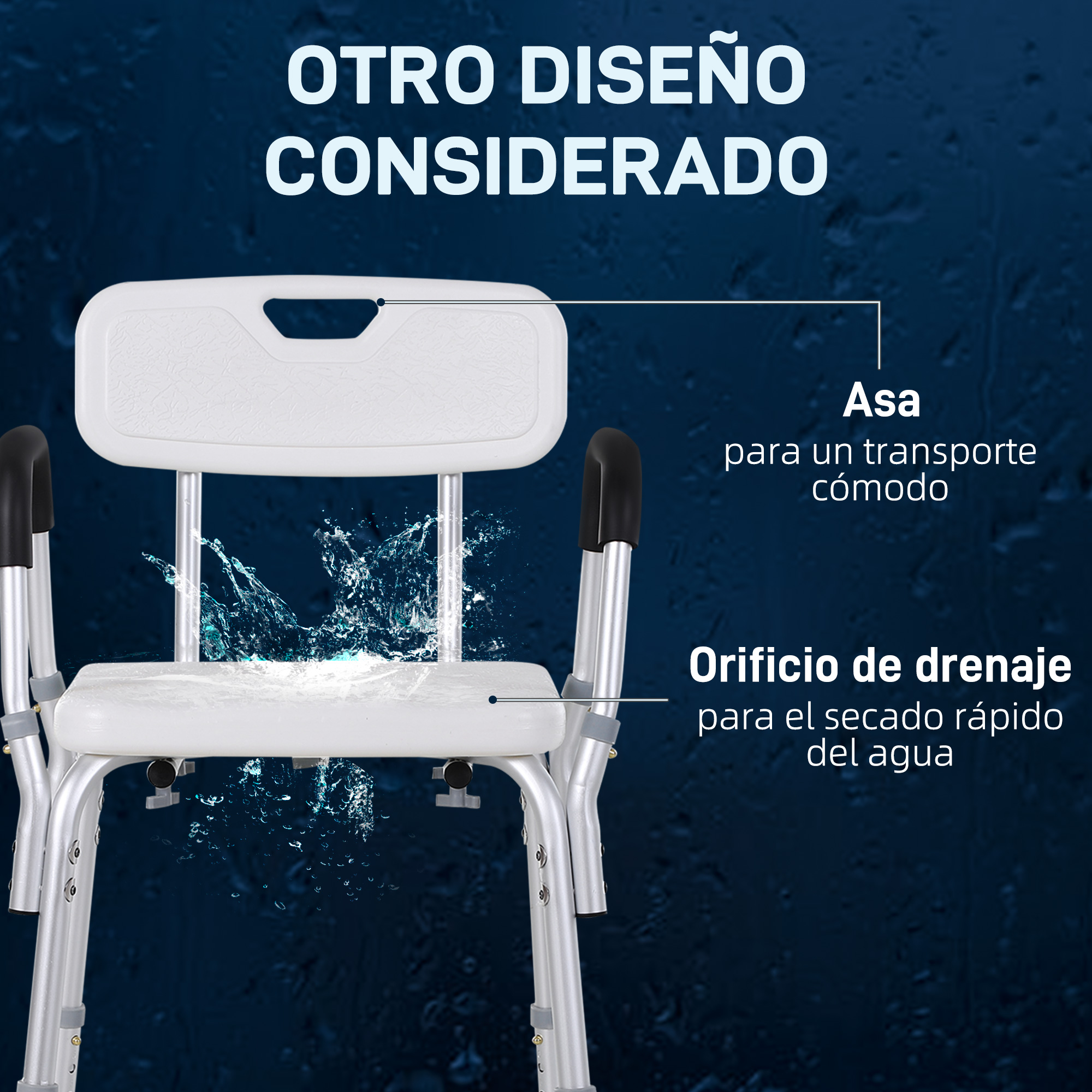 Silla de ducha con reposabrazos y respaldo, salpicando agua.
