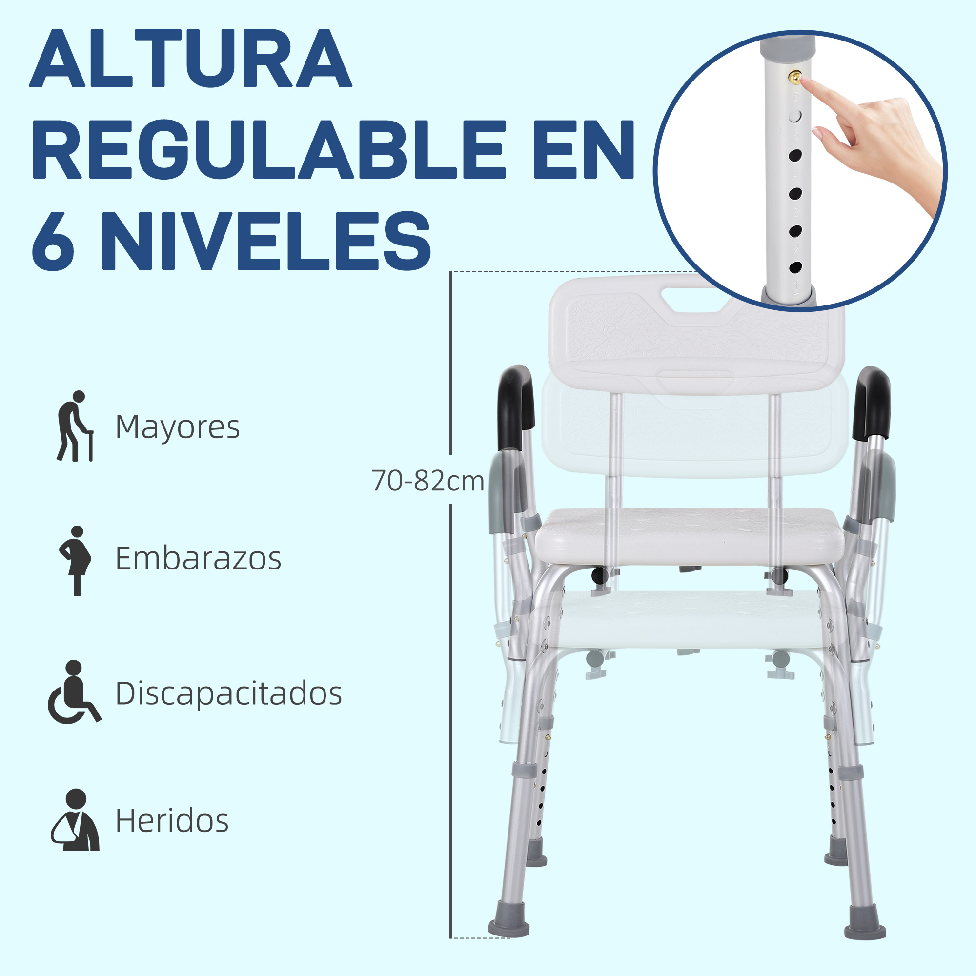 Silla de ducha con altura regulable (70-82cm), para mayores, embarazos, discapacitados.
