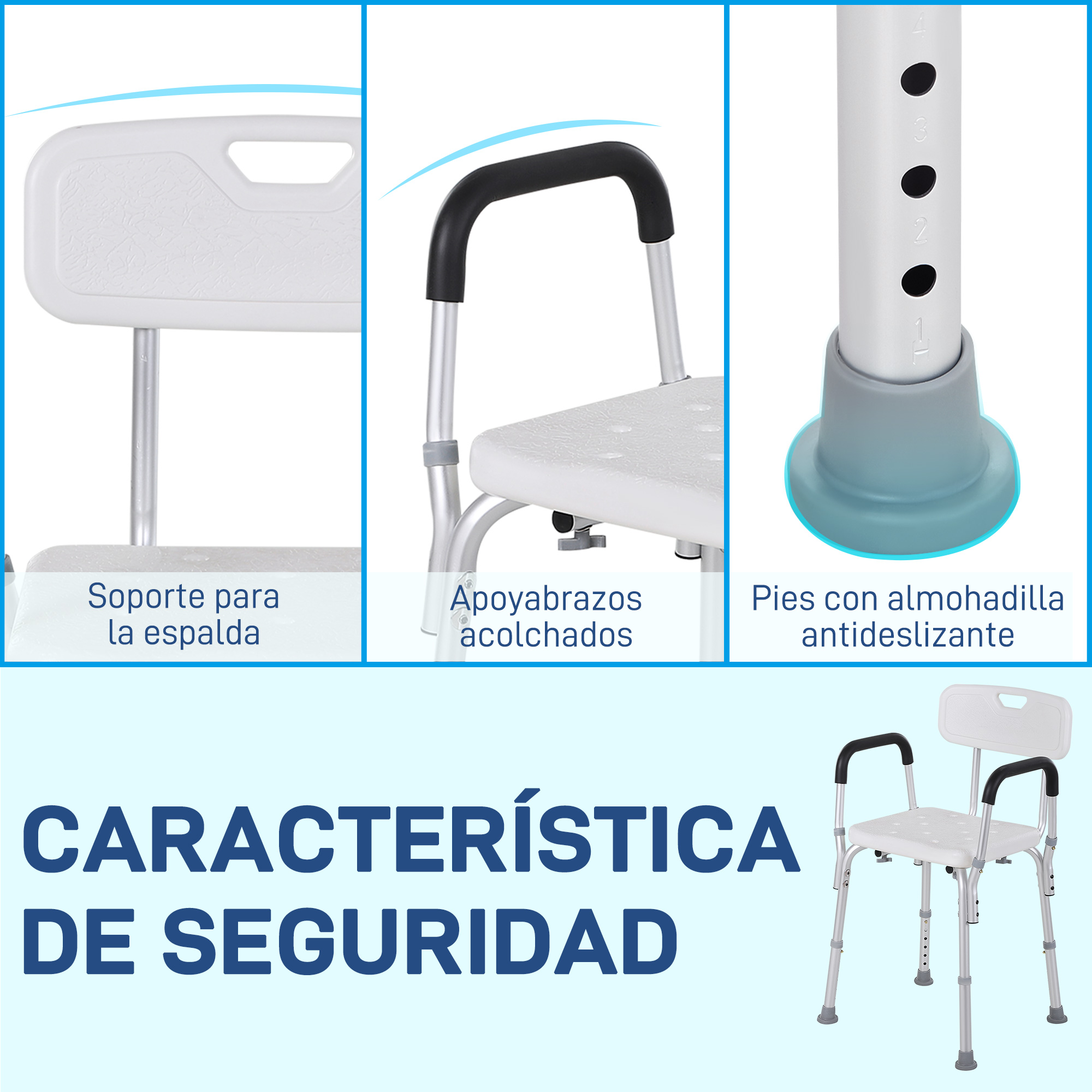 Silla de ducha con respaldo, reposabrazos acolchados y pies antideslizantes.