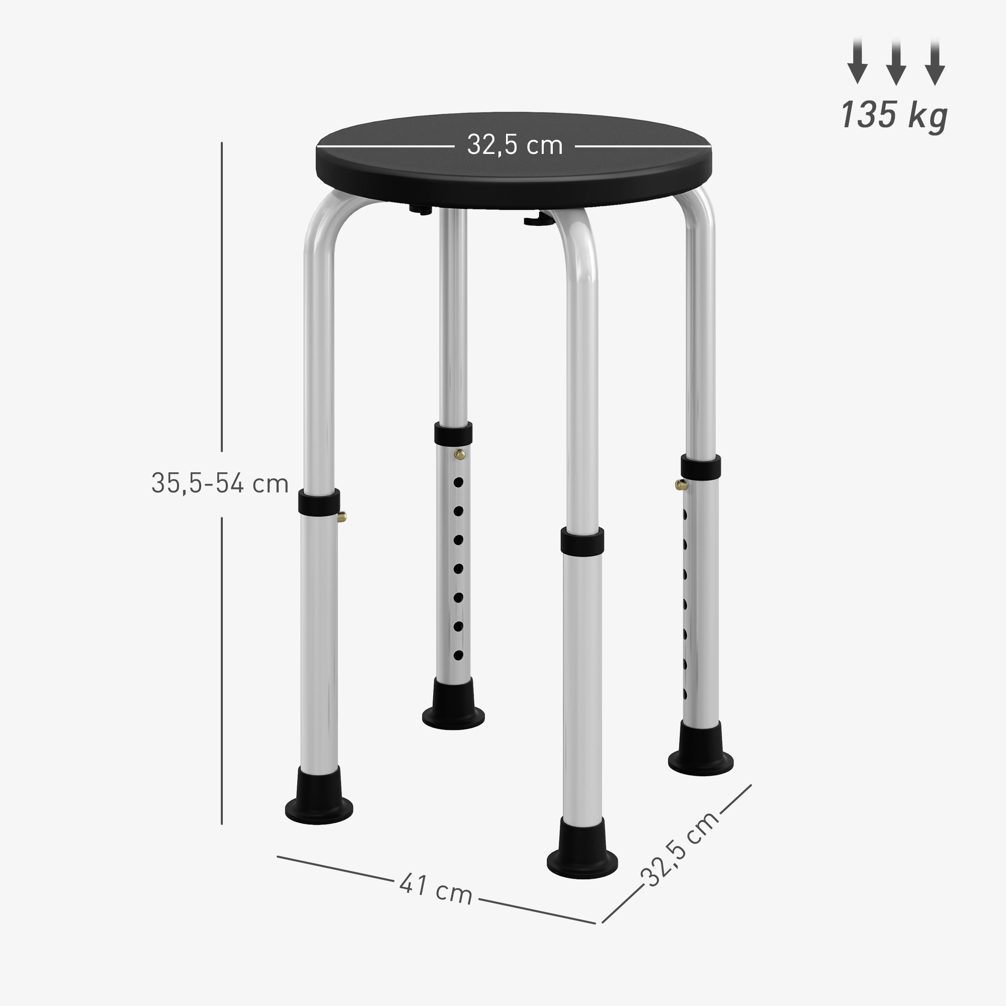 Un taburete ajustable con asiento negro y patas plateadas, carga 135kg.