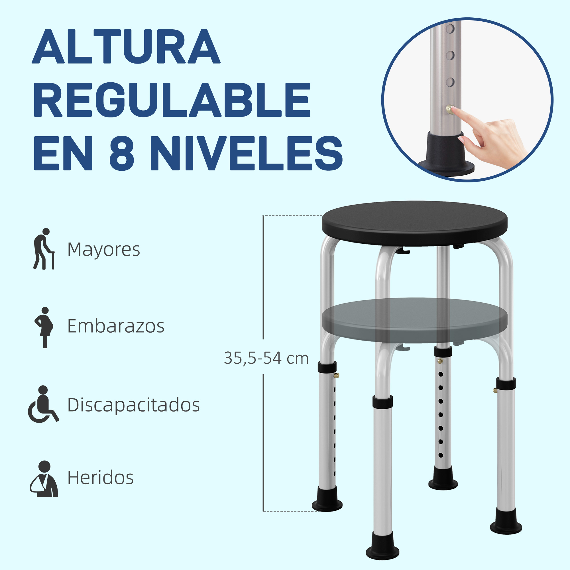 Taburete regulable en 8 niveles de altura, apto para mayores y heridos.
