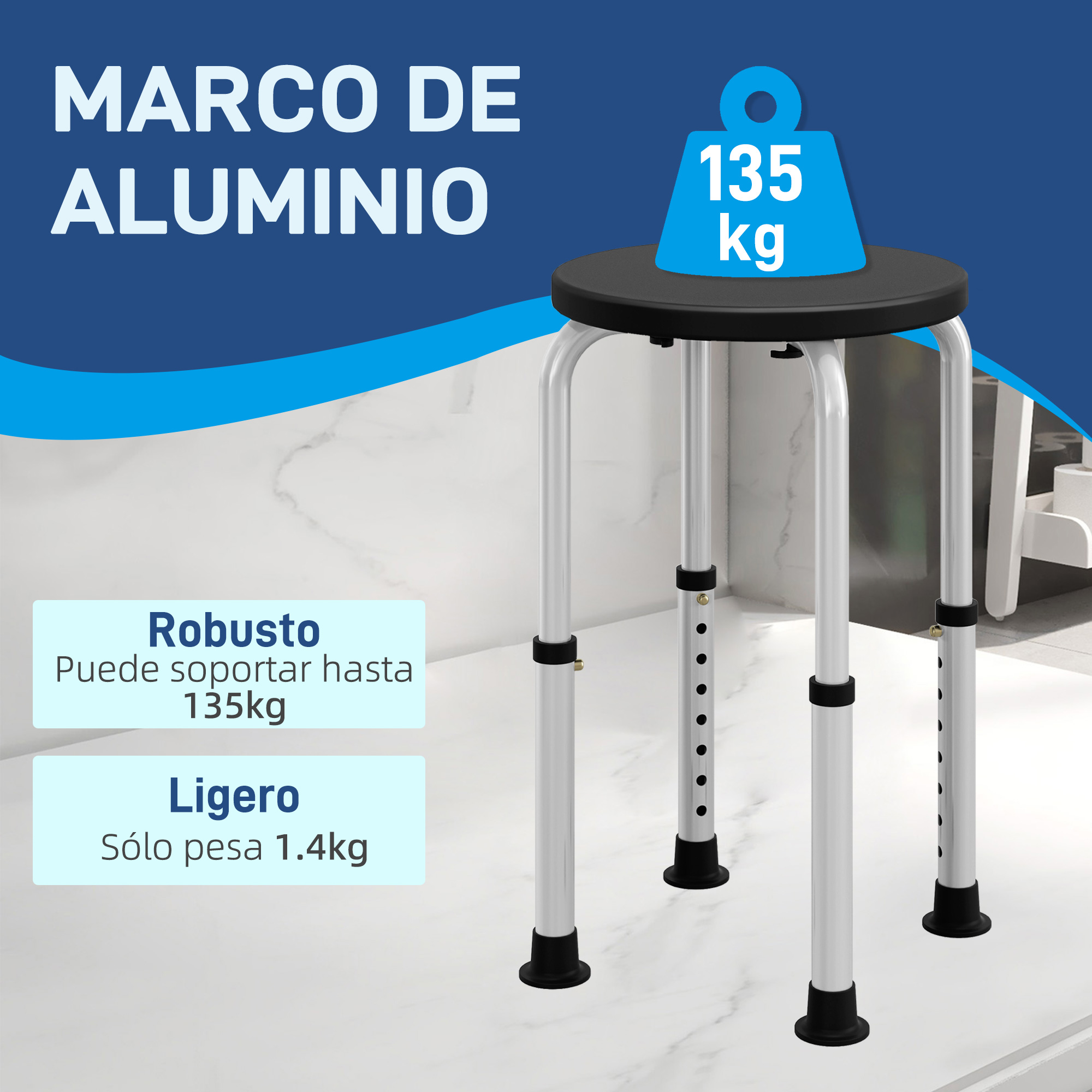 Un taburete ligero con marco de aluminio, capaz de soportar hasta 135 kg.