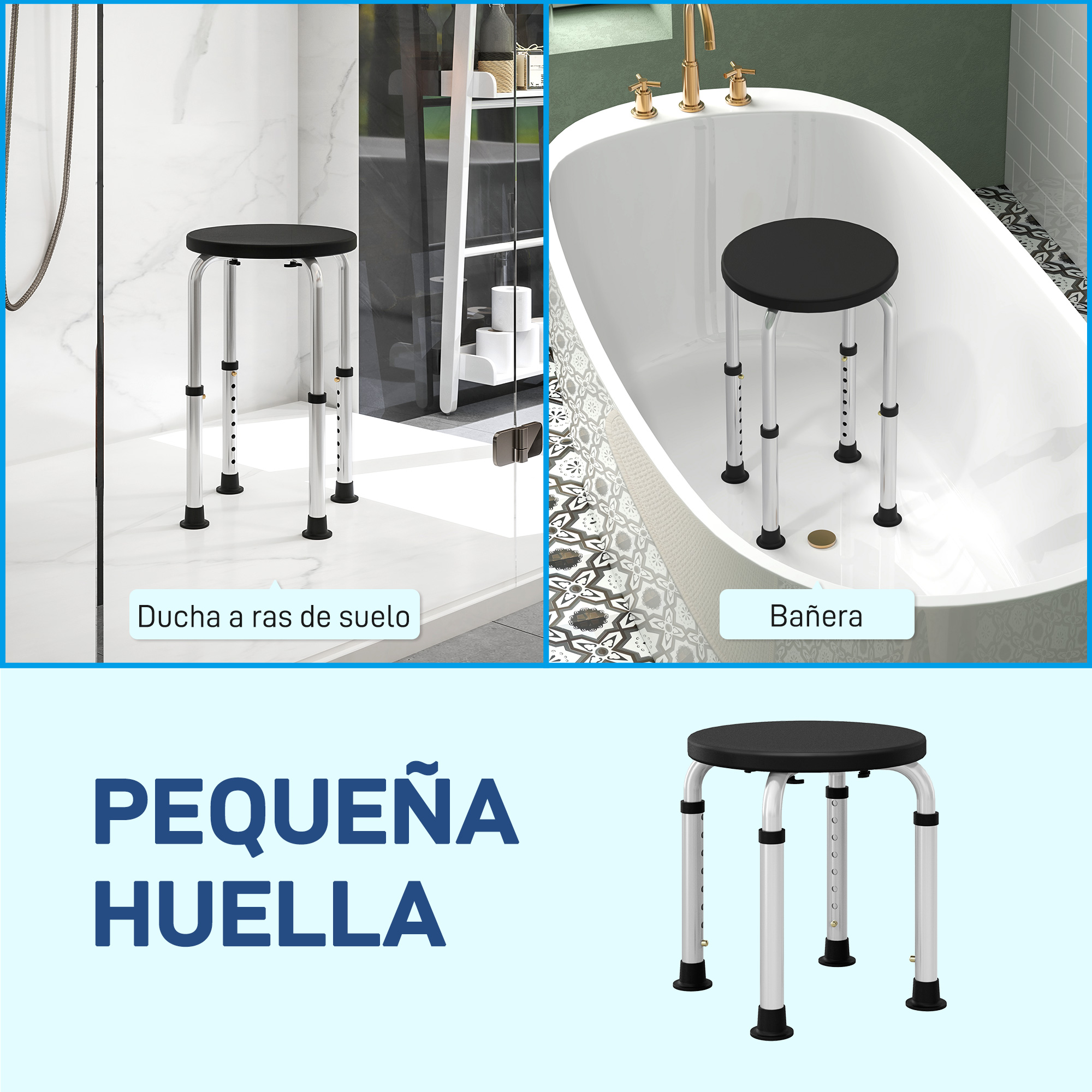 Un taburete de ducha ajustable con asiento negro y patas plateadas en ducha y bañera.