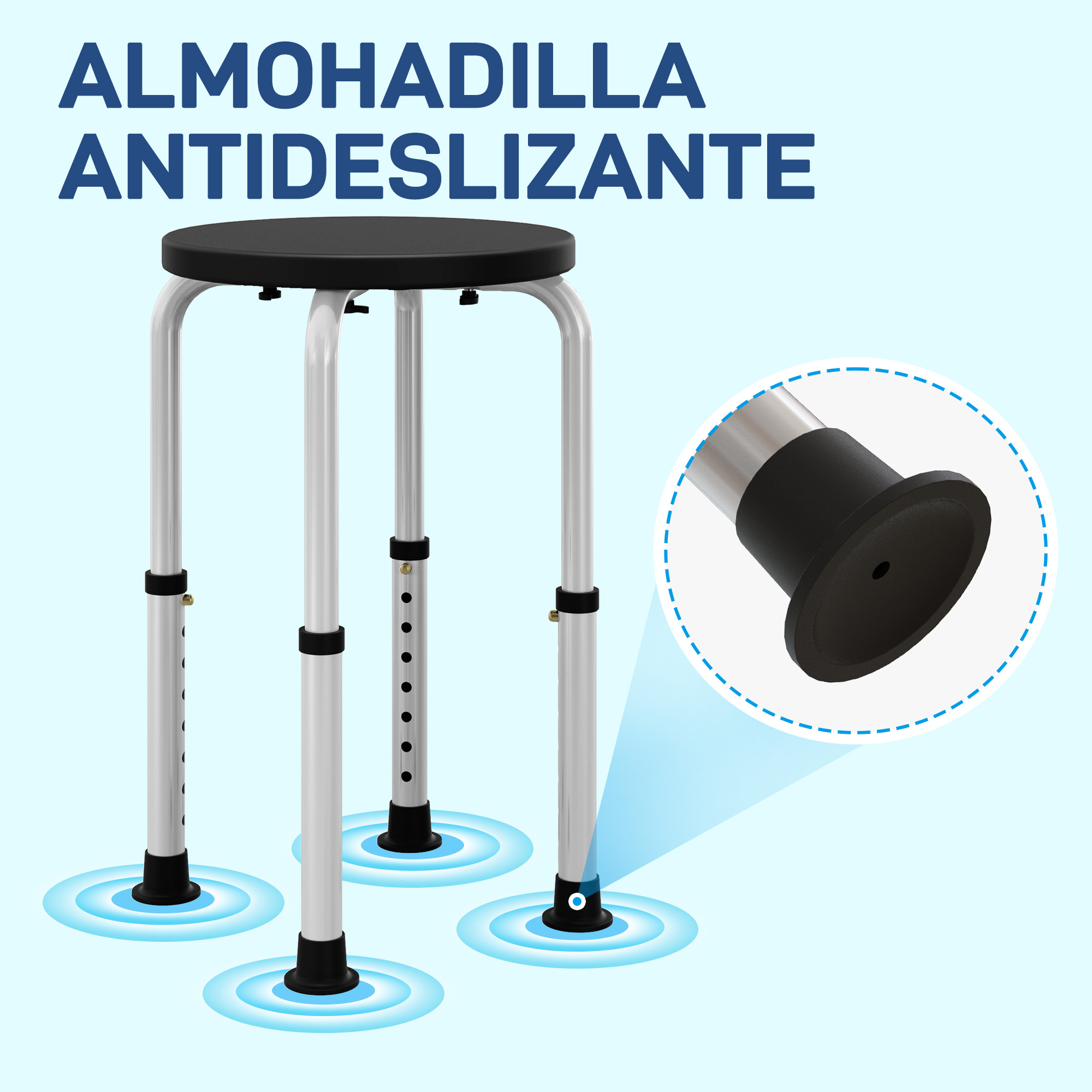 Un taburete con asiento negro y patas plateadas ajustables y antideslizantes.