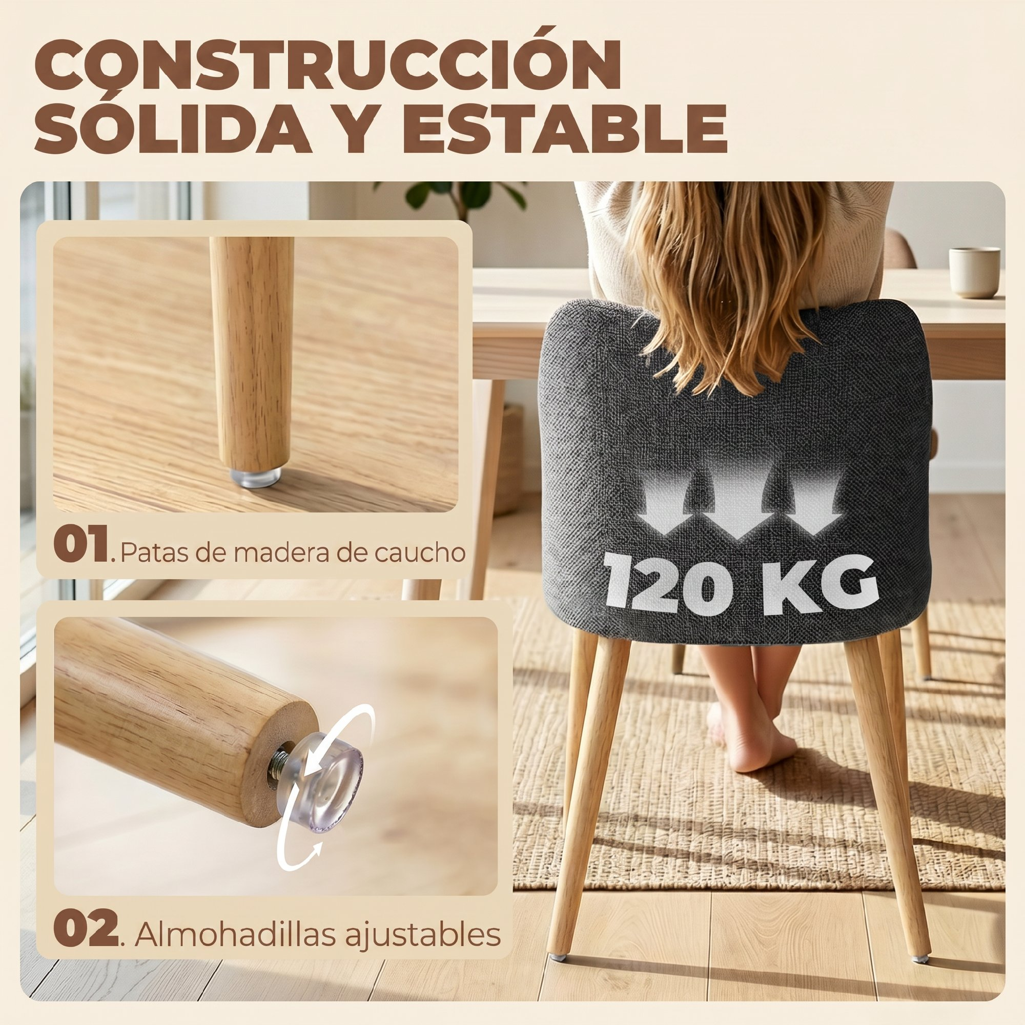 Vista trasera de una silla con patas de madera, soporta 120 kg.