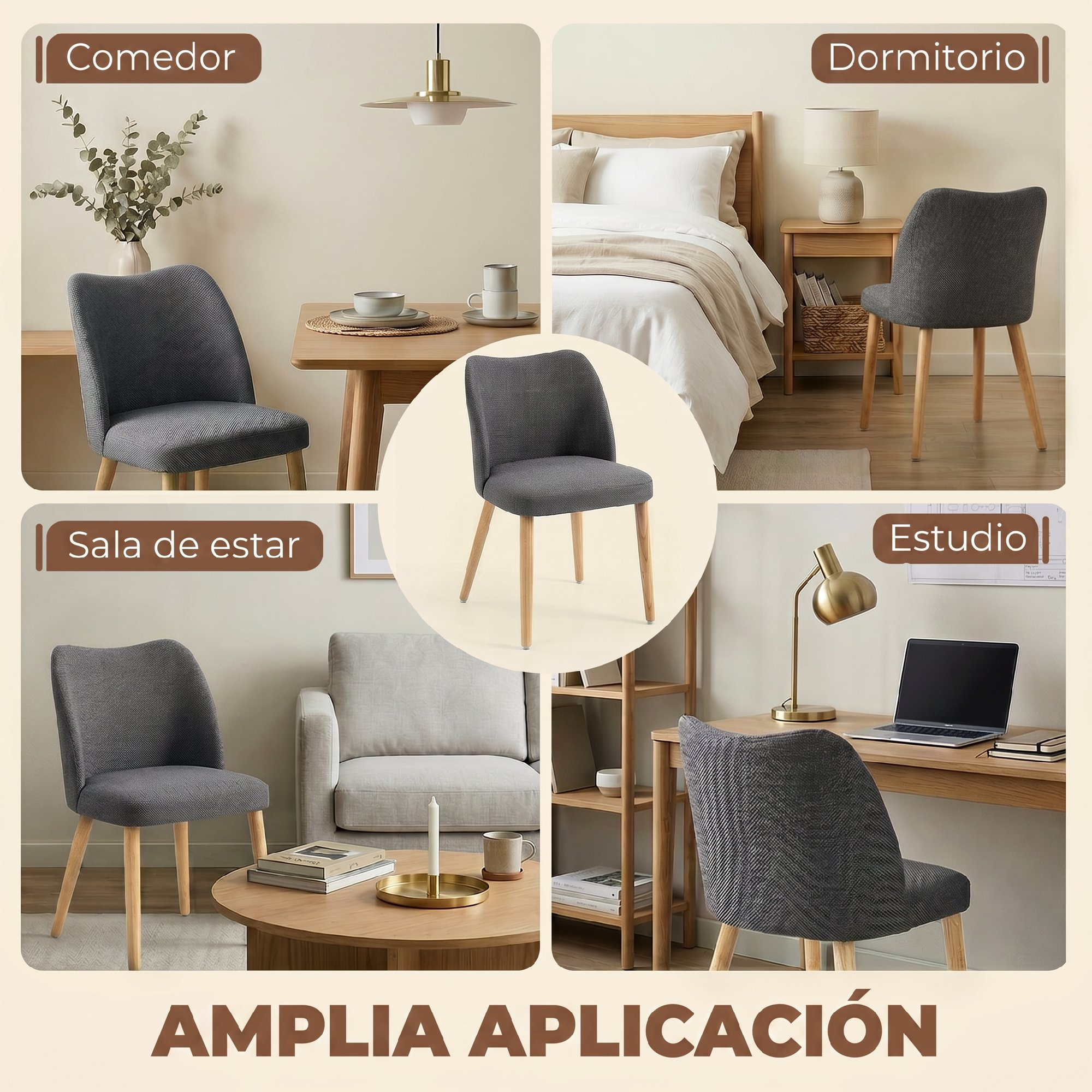 Cuatro escenas con una silla gris: comedor, dormitorio, salón, estudio.