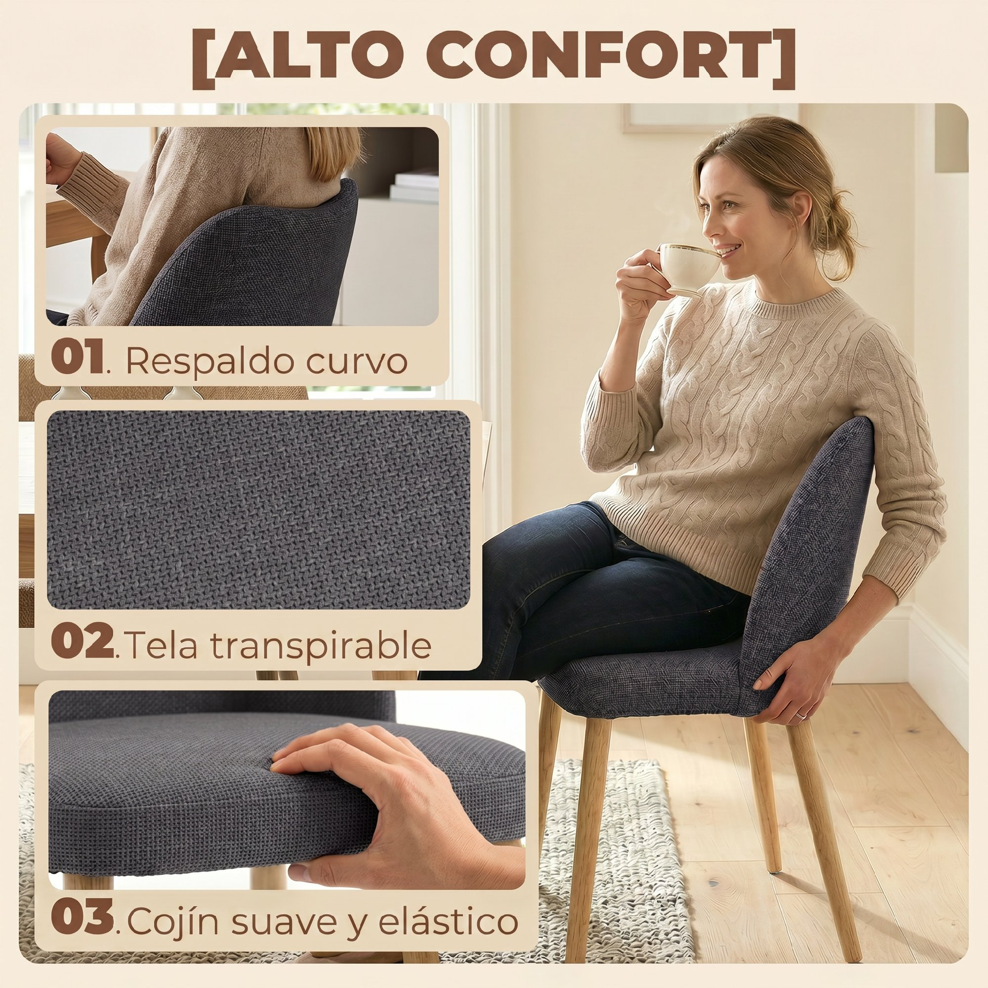 Una mujer bebe café sentada en una silla con respaldo curvo.