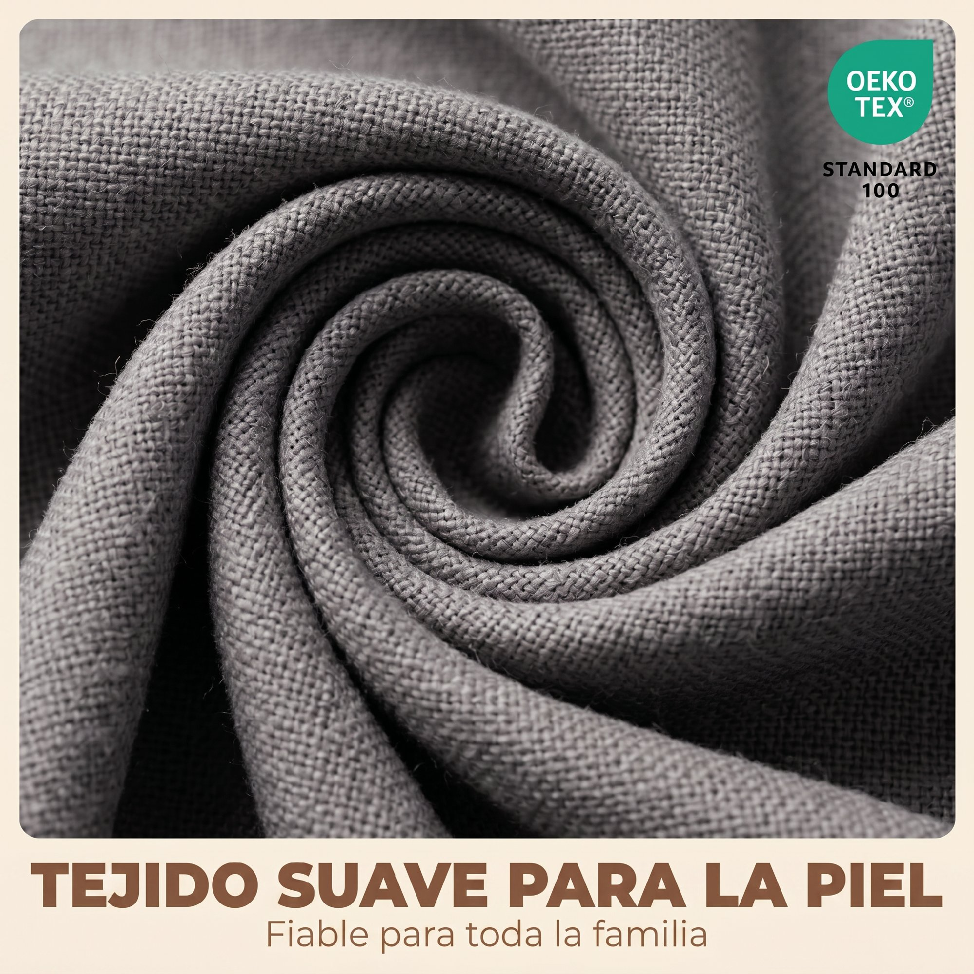 Tejido gris texturizado enrollado en espiral. Logotipo OEKO-TEX visible.