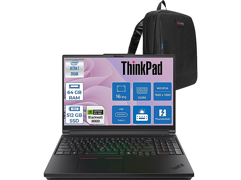 LENOVO Thinkpad P16 RTXPRO3000 21RQ000CTXF21 Intel Core i7-265HX 64 GB RAM 512 GB SSD 16 inç FreeDOS Laptop Siyah