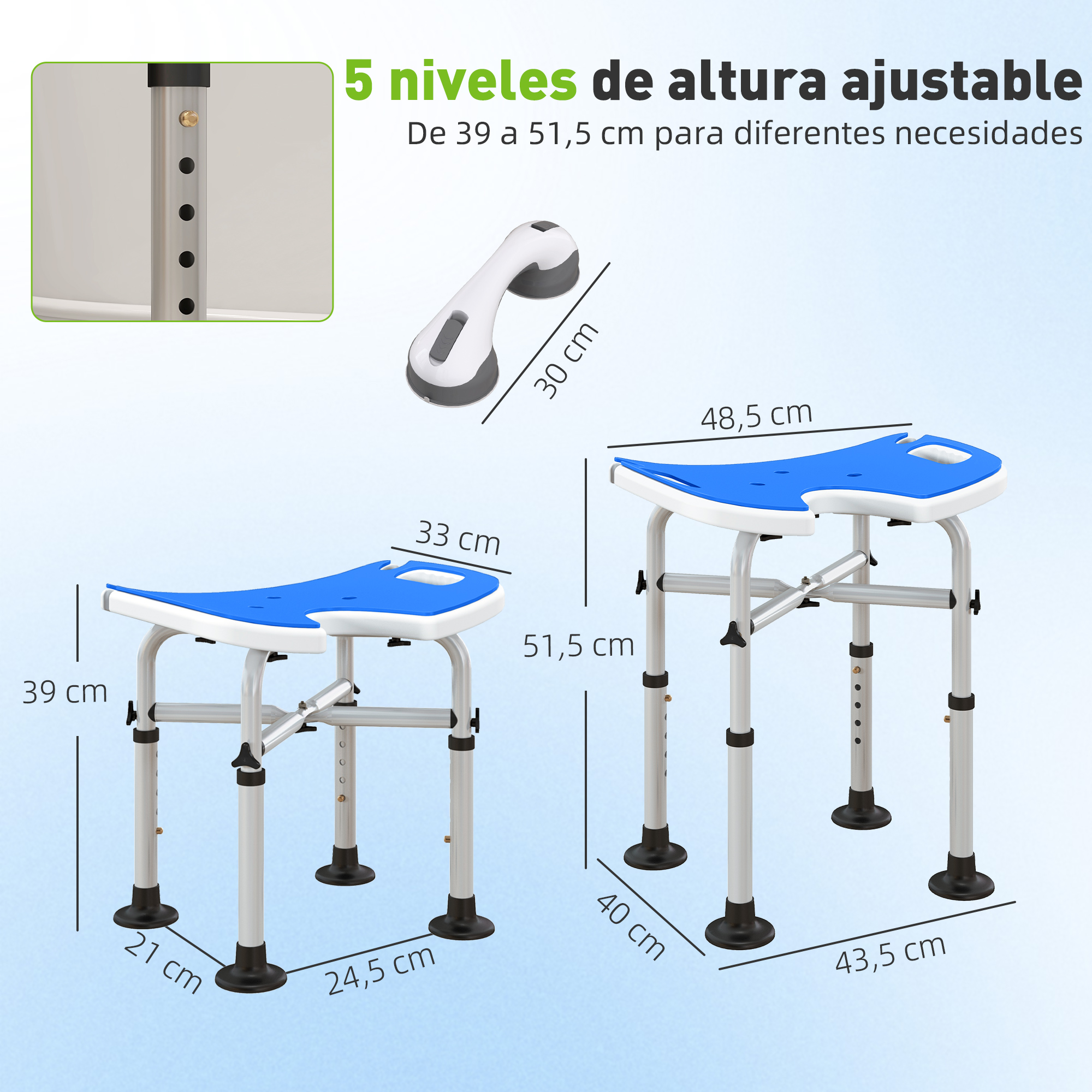 Taburetes de ducha ajustables con asientos azules y dimensiones.