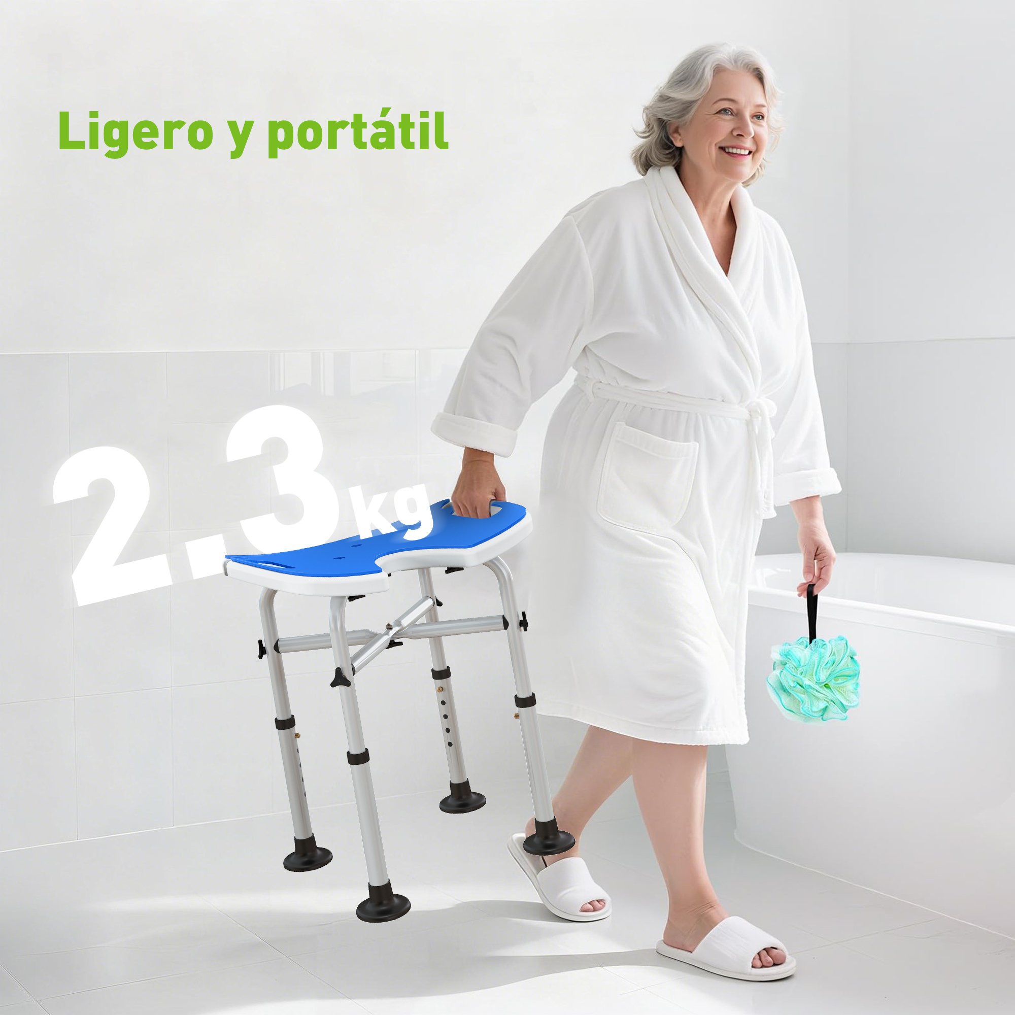 Una mujer en bata lleva una silla de ducha azul ligera de 2,3 kg.