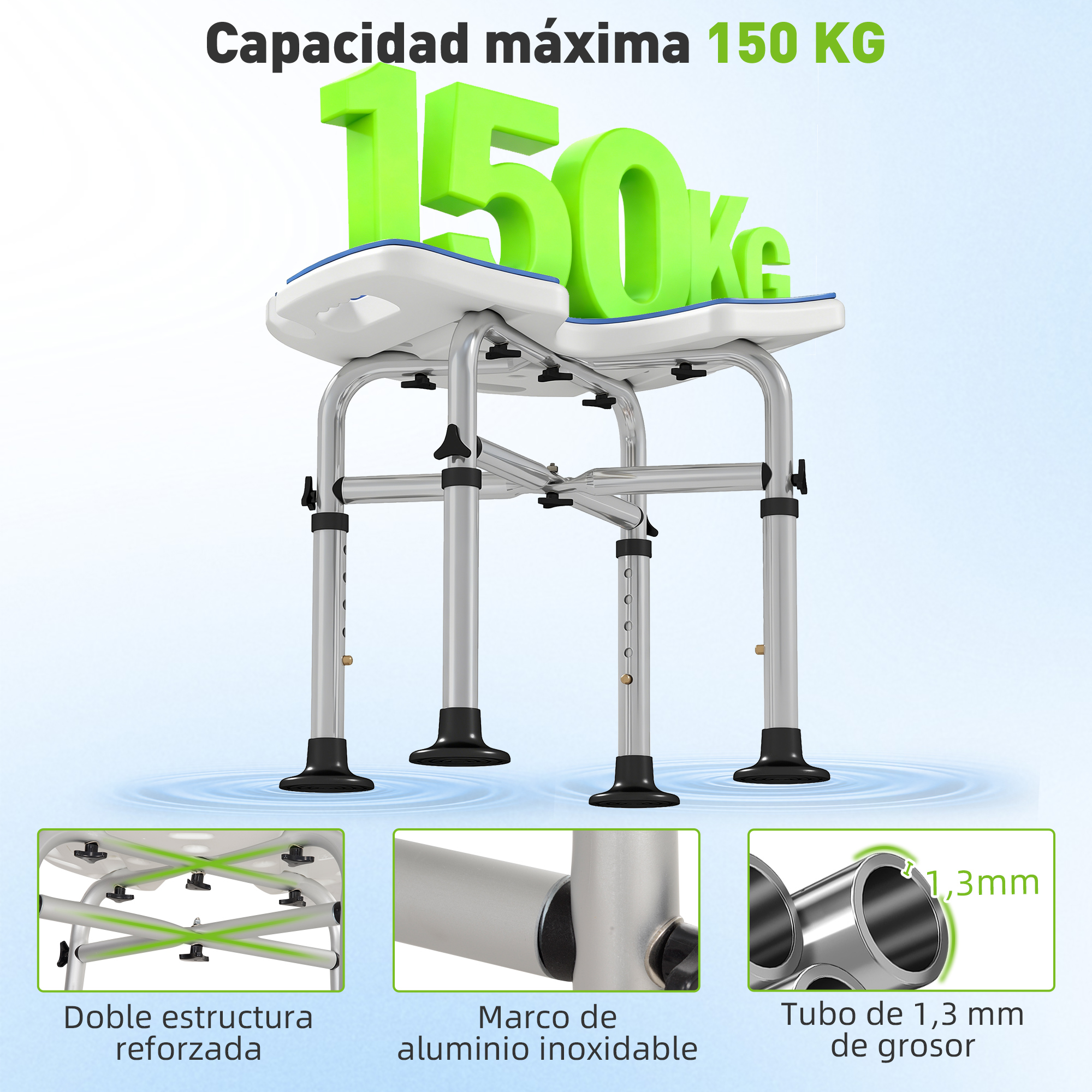 Taburete de ducha con capacidad de 150 kg, estructura reforzada y marco de aluminio.