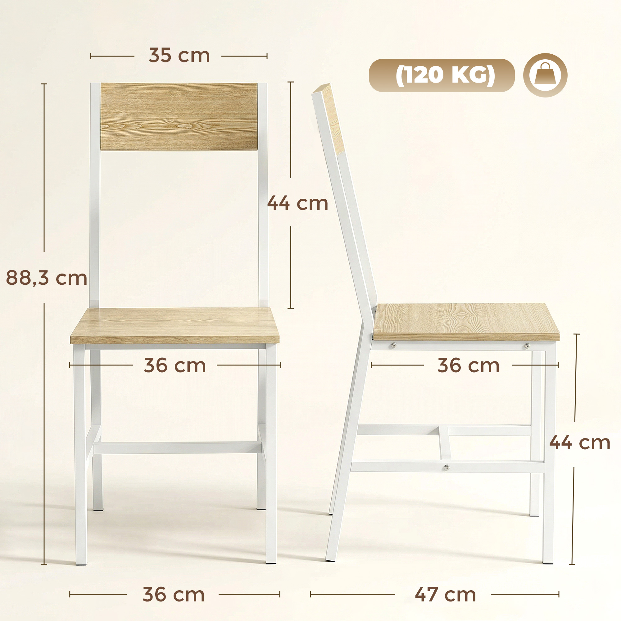 Dos sillas con marcos de metal blanco y asientos/respaldos de madera. Se muestran dimensiones.