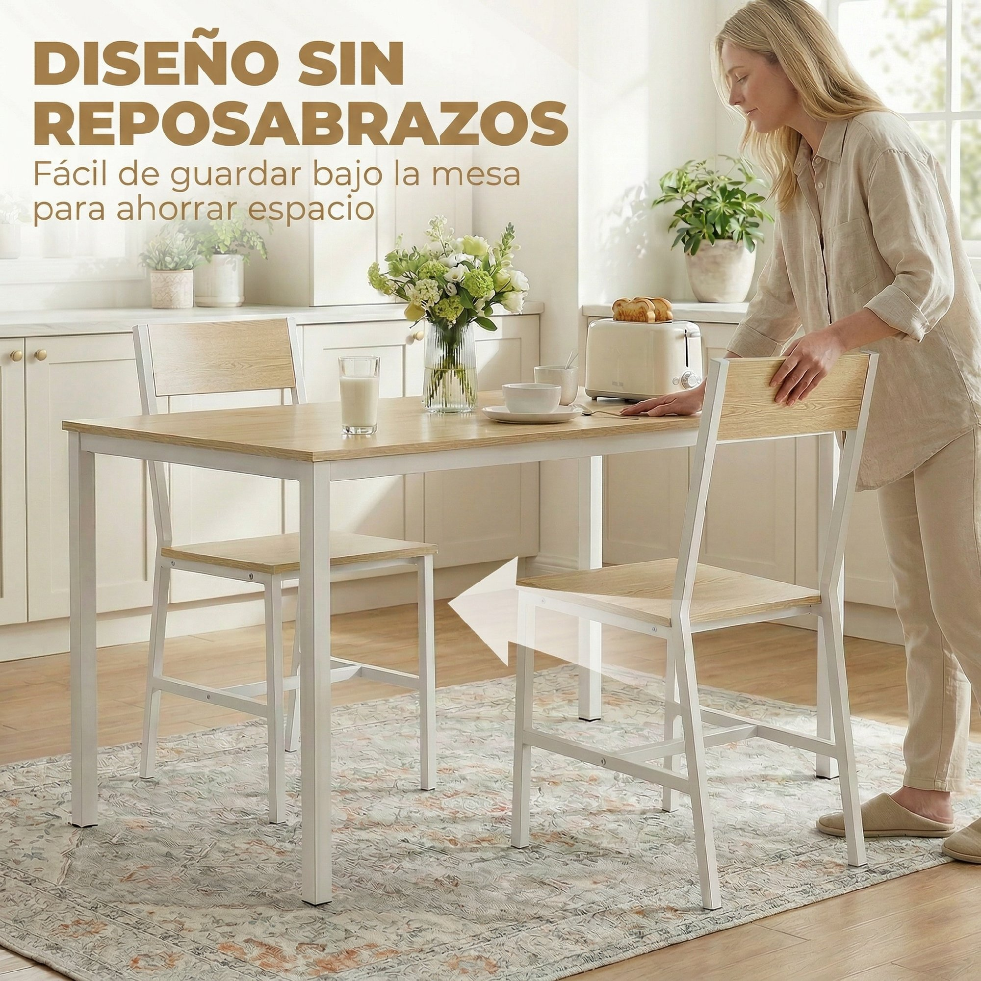 Una mesa de comedor con dos sillas y una mujer de pie al lado.