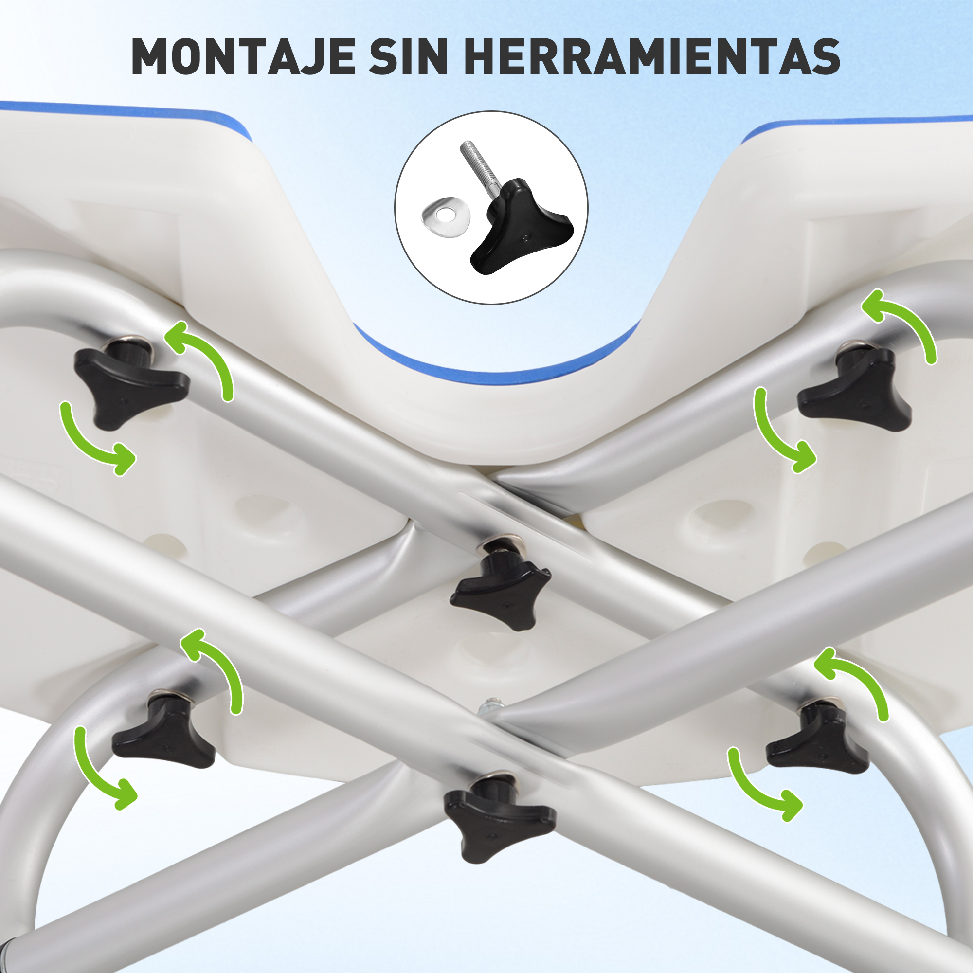 Parte inferior de una silla de ducha blanca con patas de metal plateado y cierres de botón negros.
