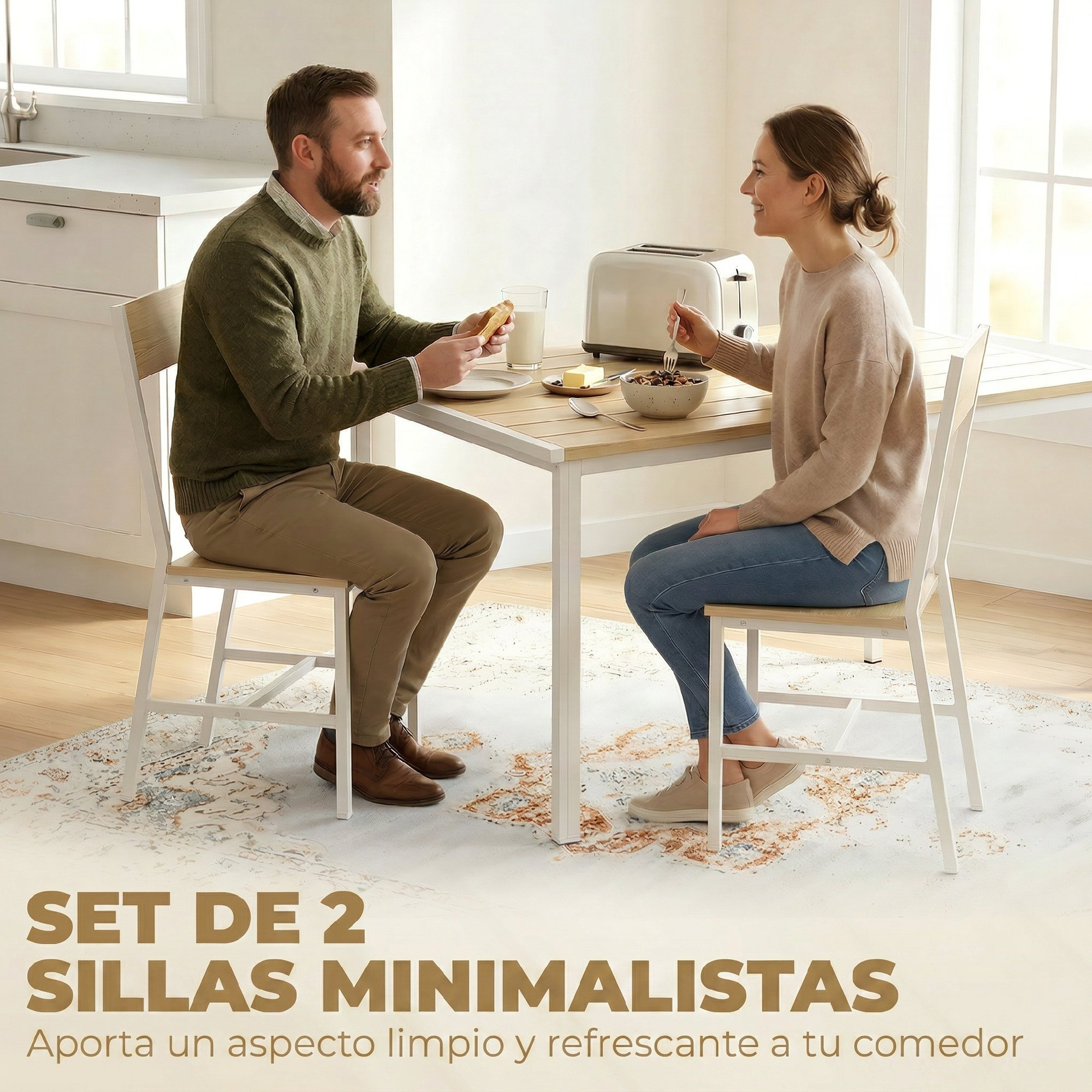 Un hombre y una mujer sentados a la mesa desayunando. Hay una tostadora.