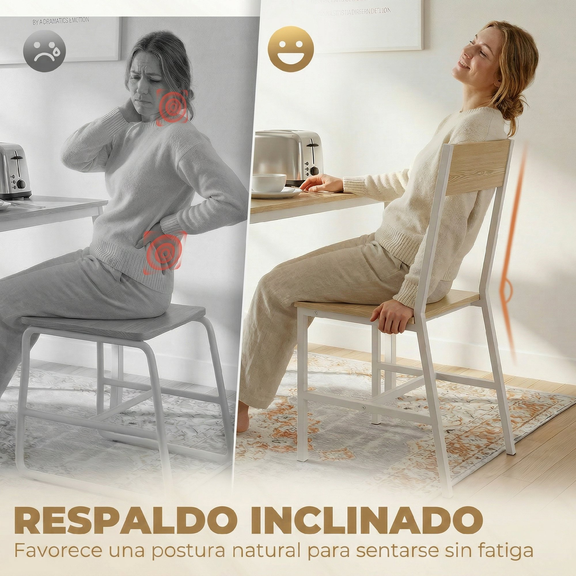 Mujer con dolor de espalda sentada en una silla, luego relajada.