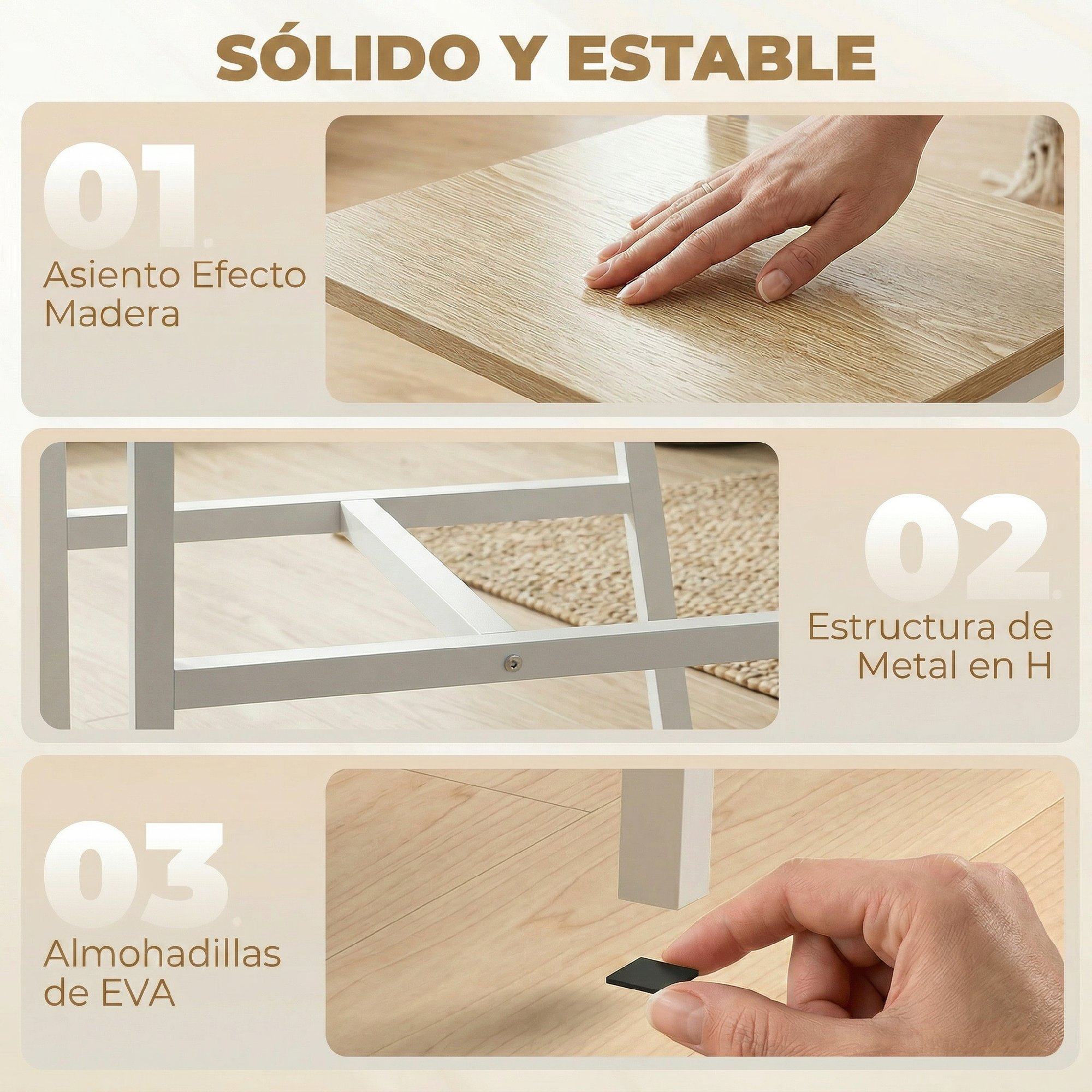 Imagen muestra asiento efecto madera, estructura metálica H y almohadillas EVA.