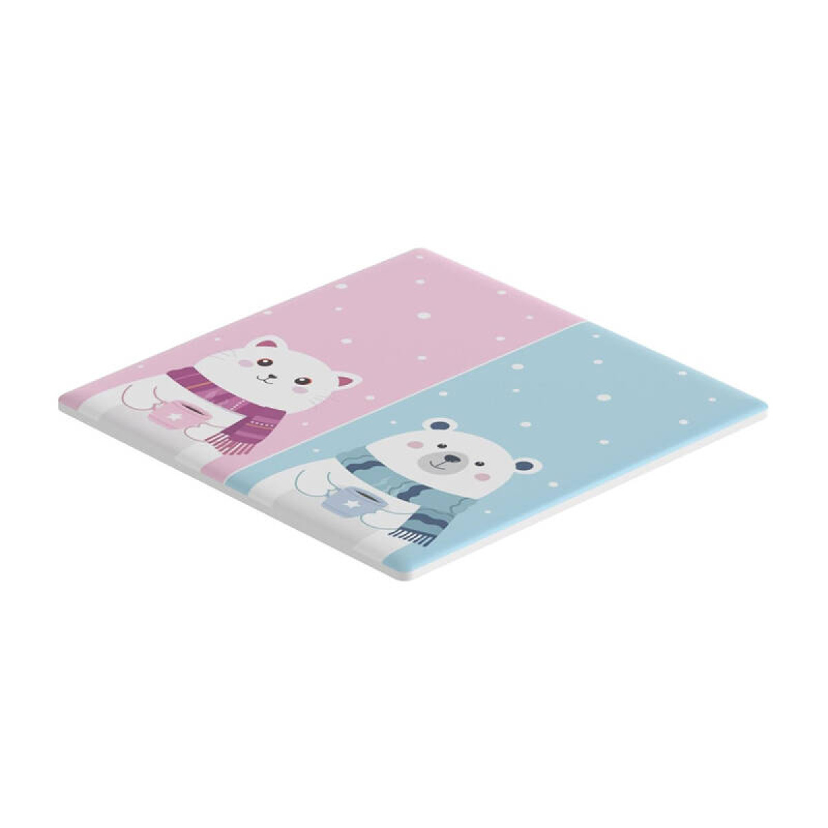 Dwa niedźwiedzie polarne w szalikach trzymają kubki na tle różowych i niebieskich pól i płatków śniegu.