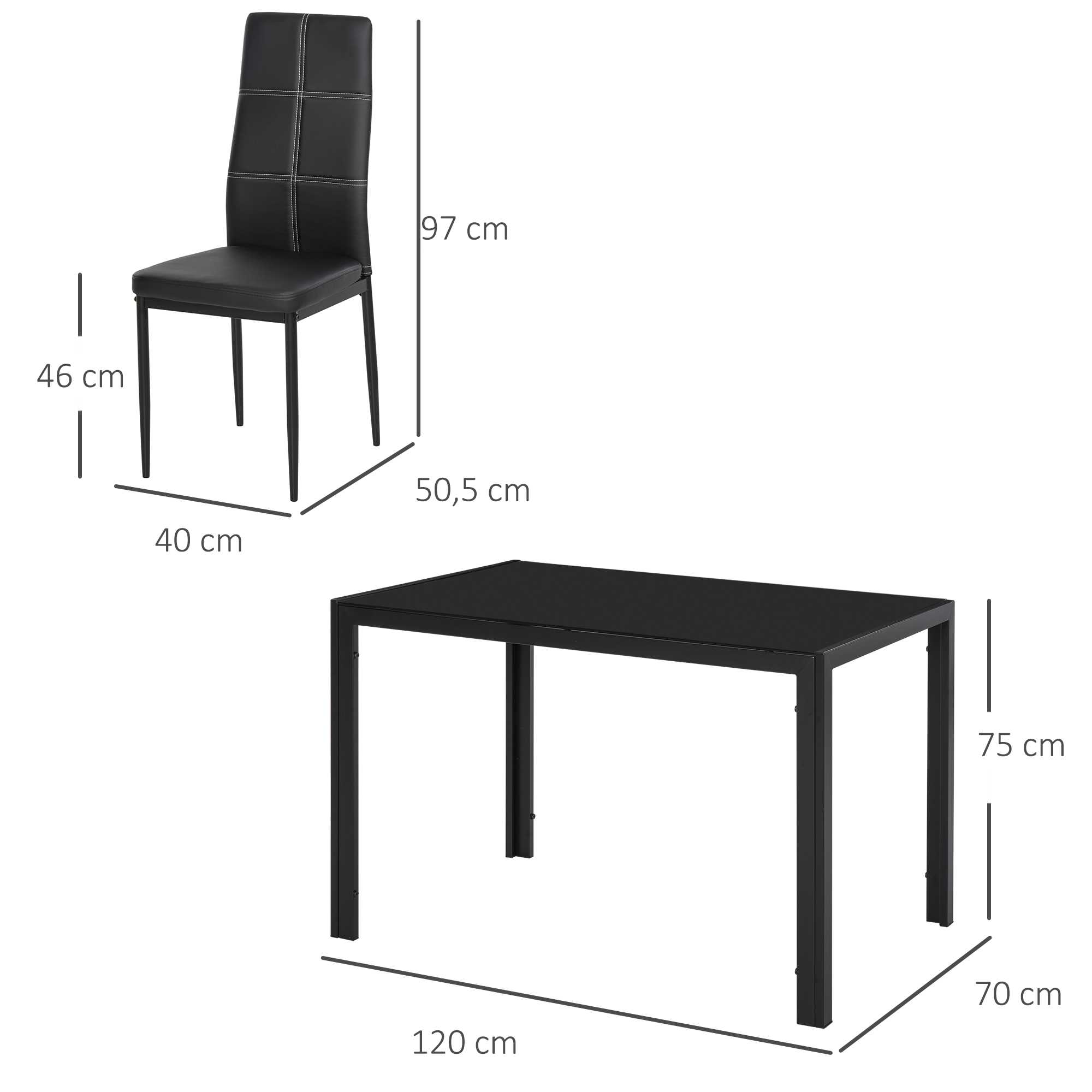 Mesa (120x70x75cm) y silla (40x46x97cm) negras con medidas.