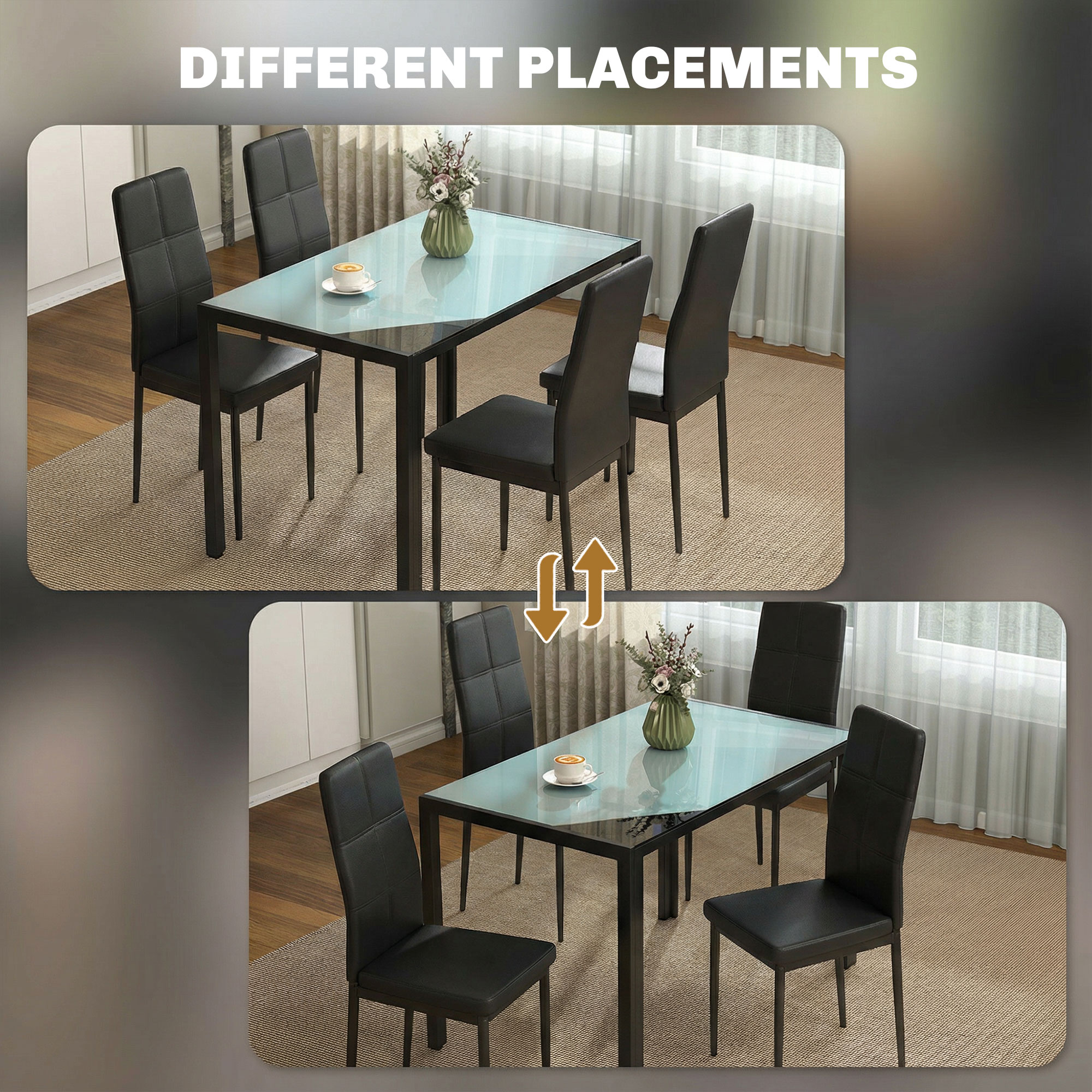 Una mesa de comedor con tapa de cristal, cuatro sillas negras y un jarrón con flores.