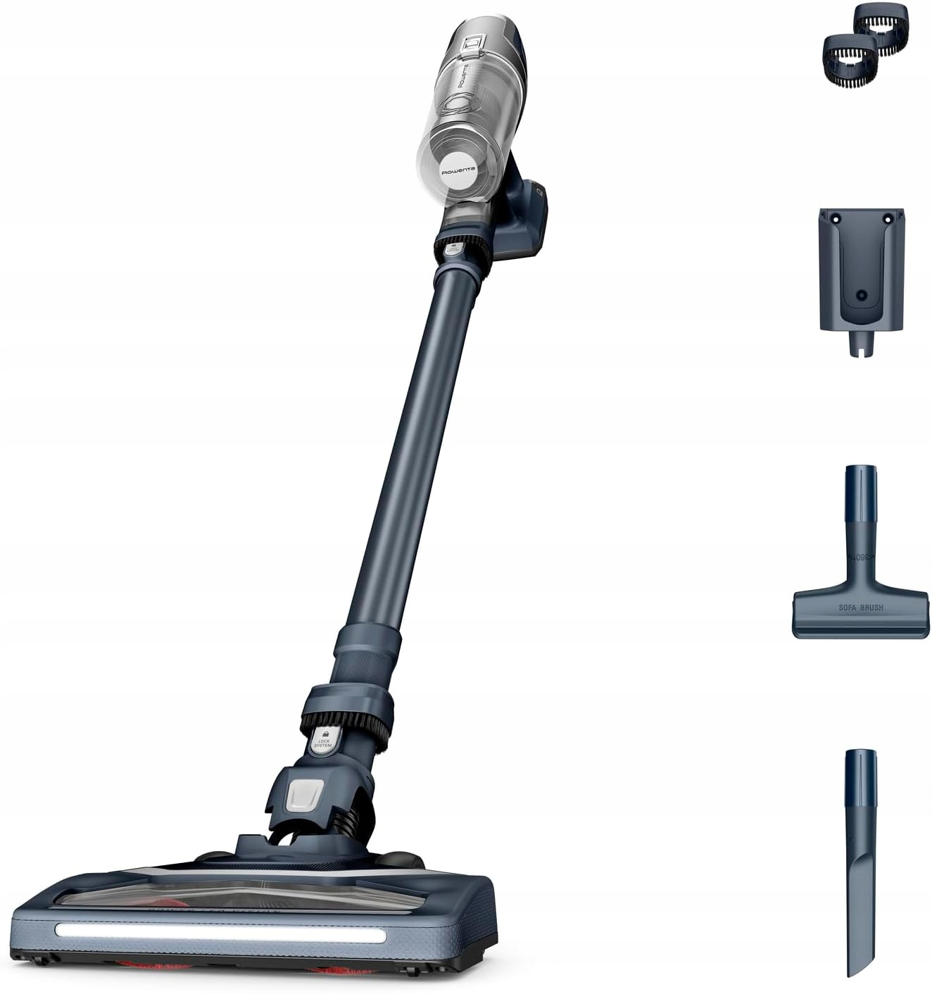 Odkurzacz bezprzewodowy z akcesoriami na białym tle.