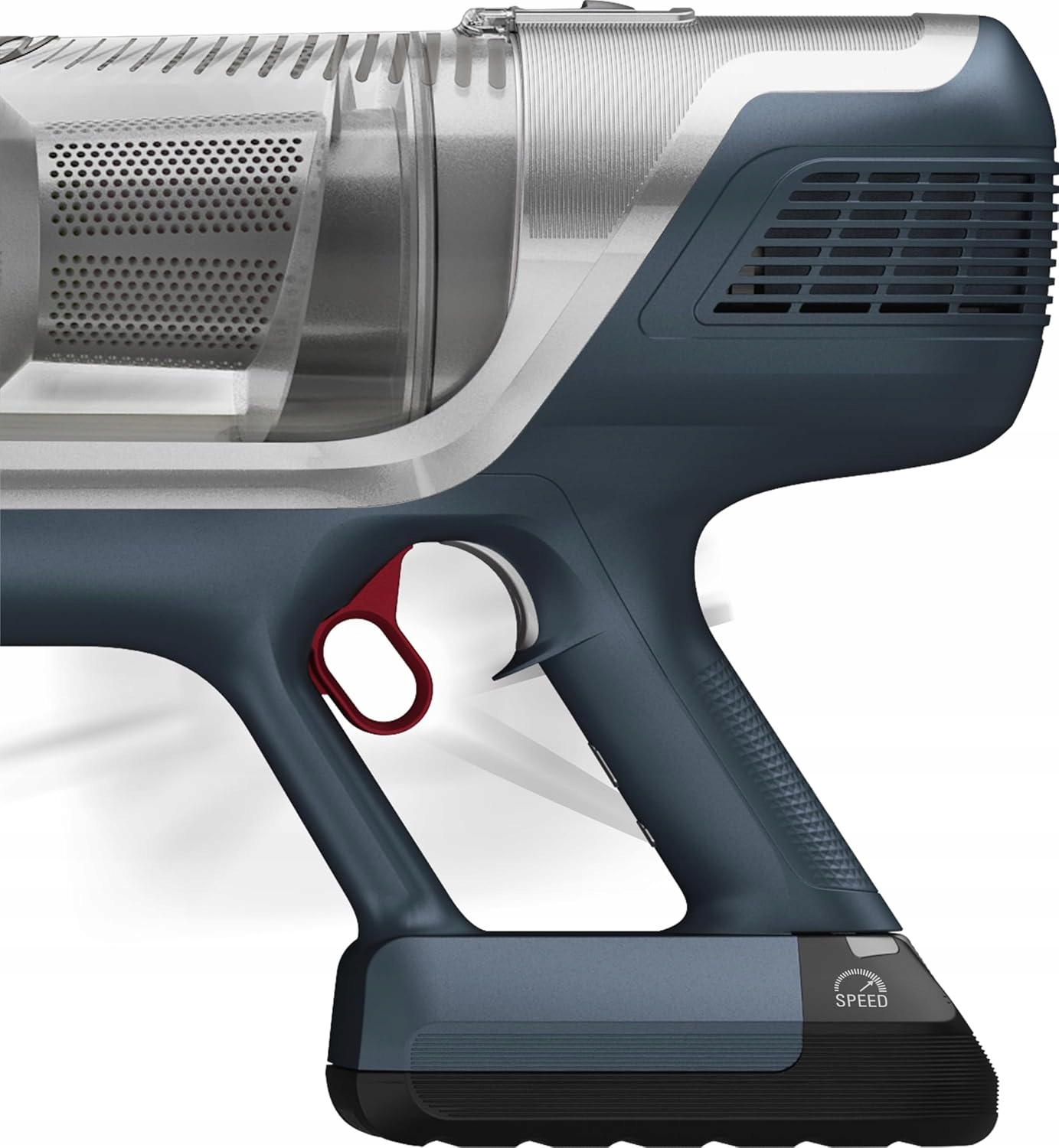 Ciemnoniebieski odkurzacz ręczny z czerwonym spustem i wskaźnikiem prędkości.
